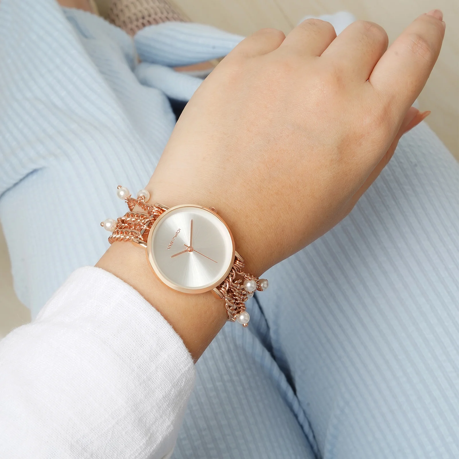 Adaline Silver Medium Dial Rose Gold Pearl Strap Women's Watch - Image 3