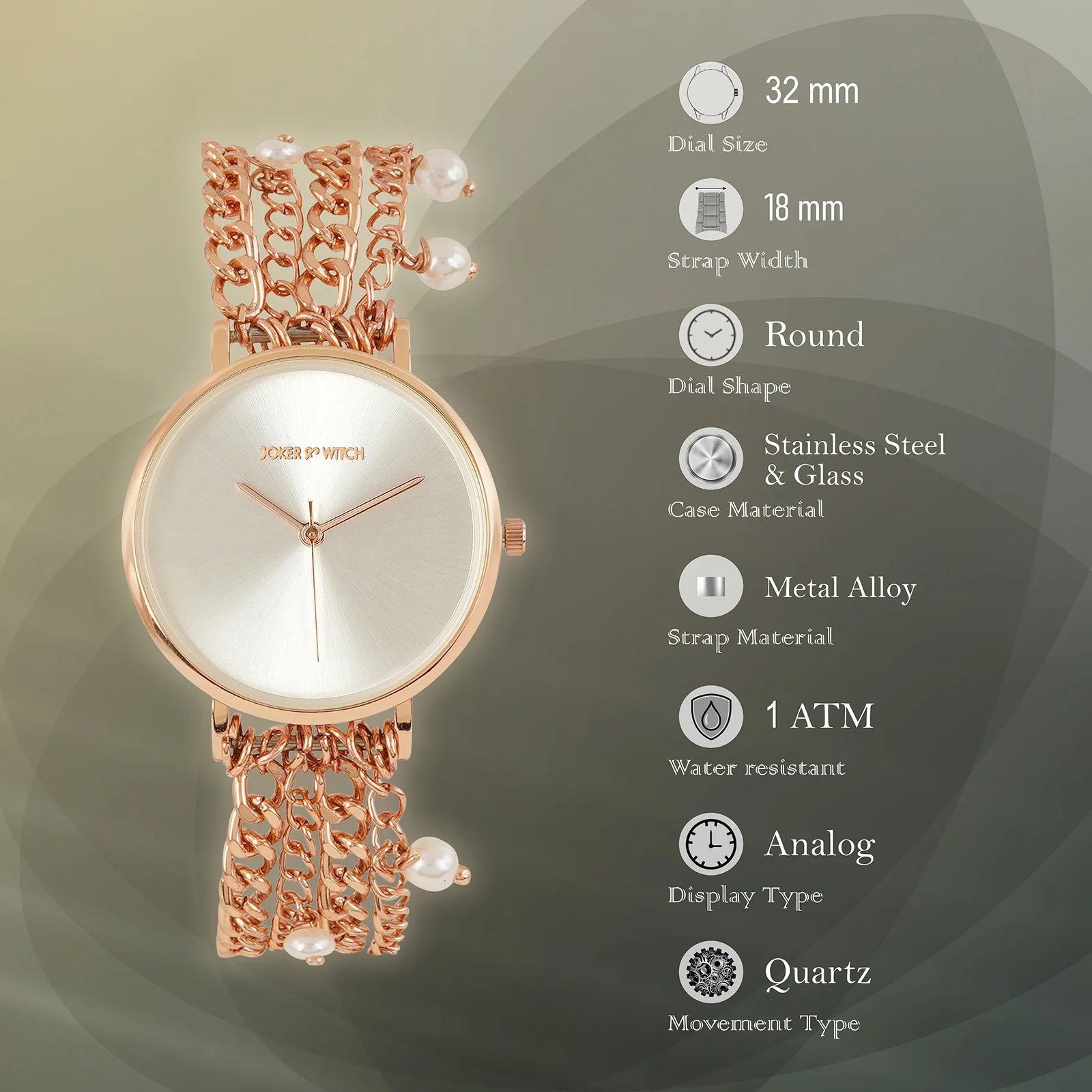 Adaline Silver Medium Dial Rose Gold Pearl Strap Women's Watch - Image 9