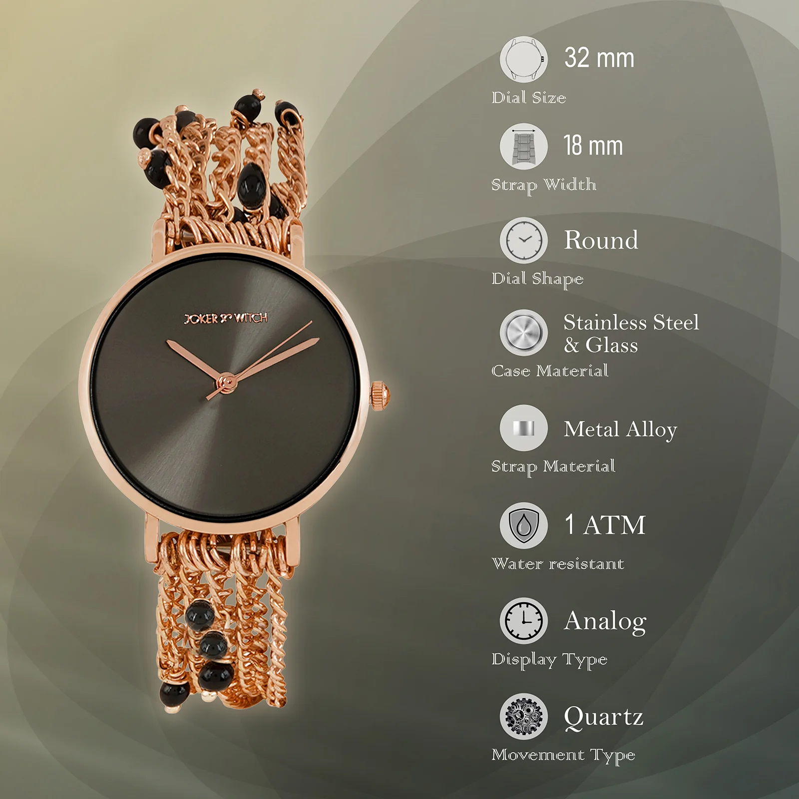 Adaline Black Medium Dial Rose Gold Pearl Strap Women's Watch - Image 9