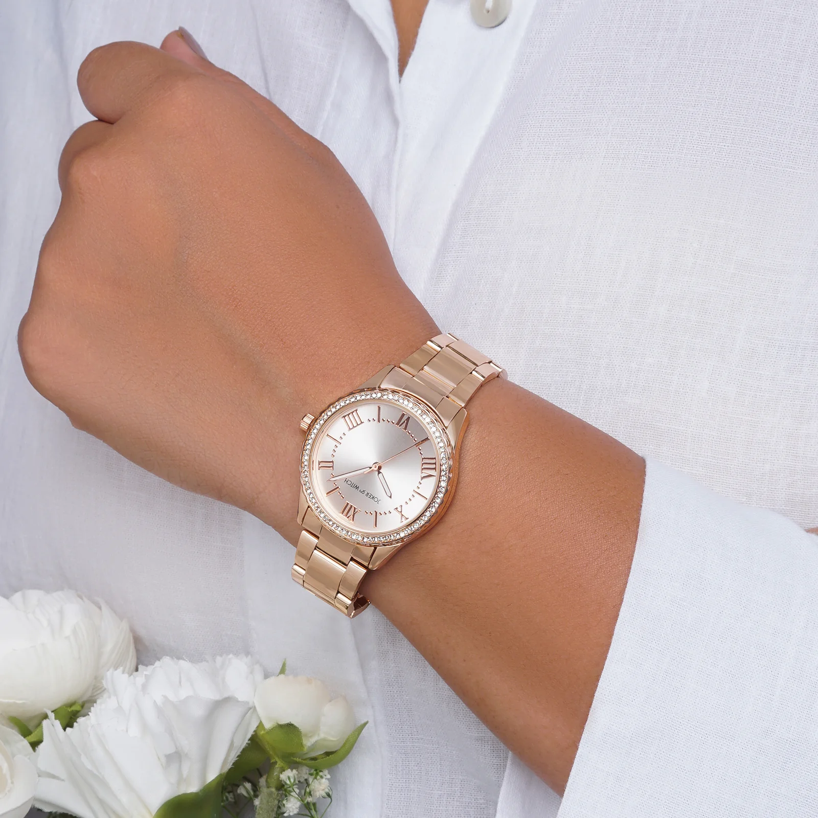 Adrenalina Rose Gold Medium Rhinestone Dial Linked Chain Strap Women's Watch - Image 3
