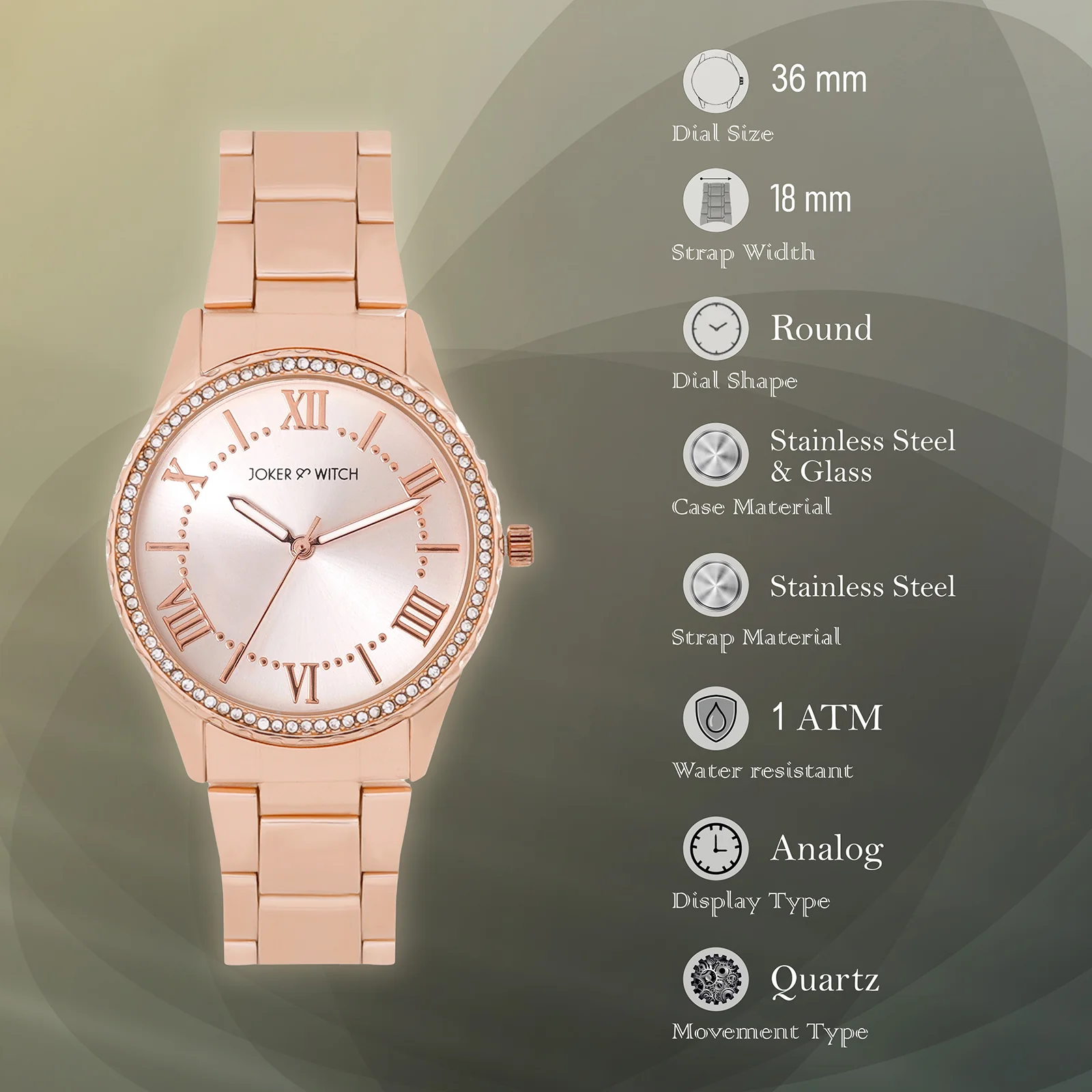 Adrenalina Rose Gold Medium Rhinestone Dial Linked Chain Strap Women's Watch - Image 7