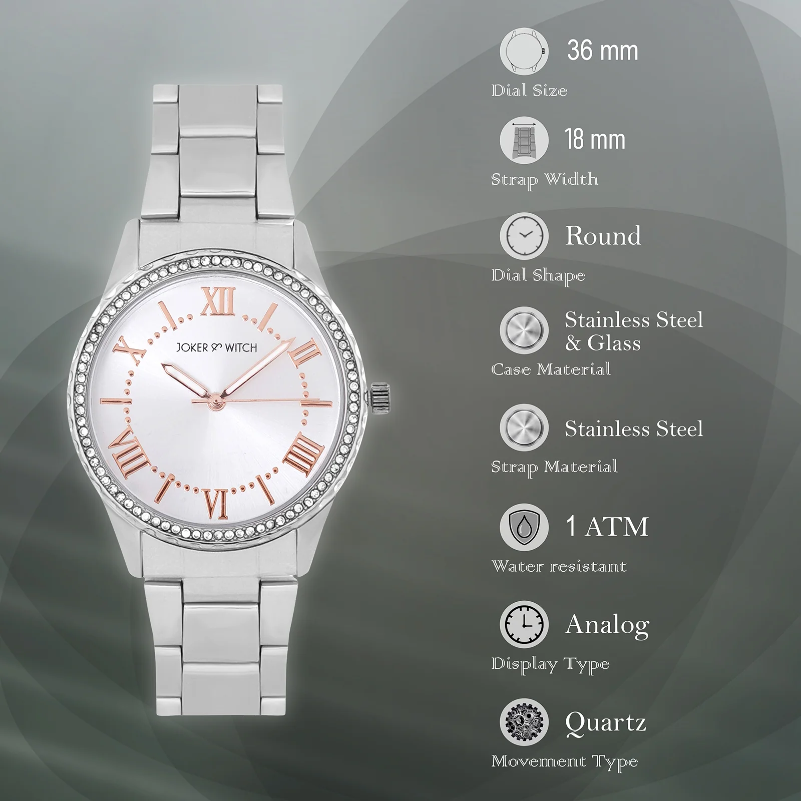 Adrenalina Silver Medium Rhinestone Dial Linked Chain Strap Women's Watch - Image 7