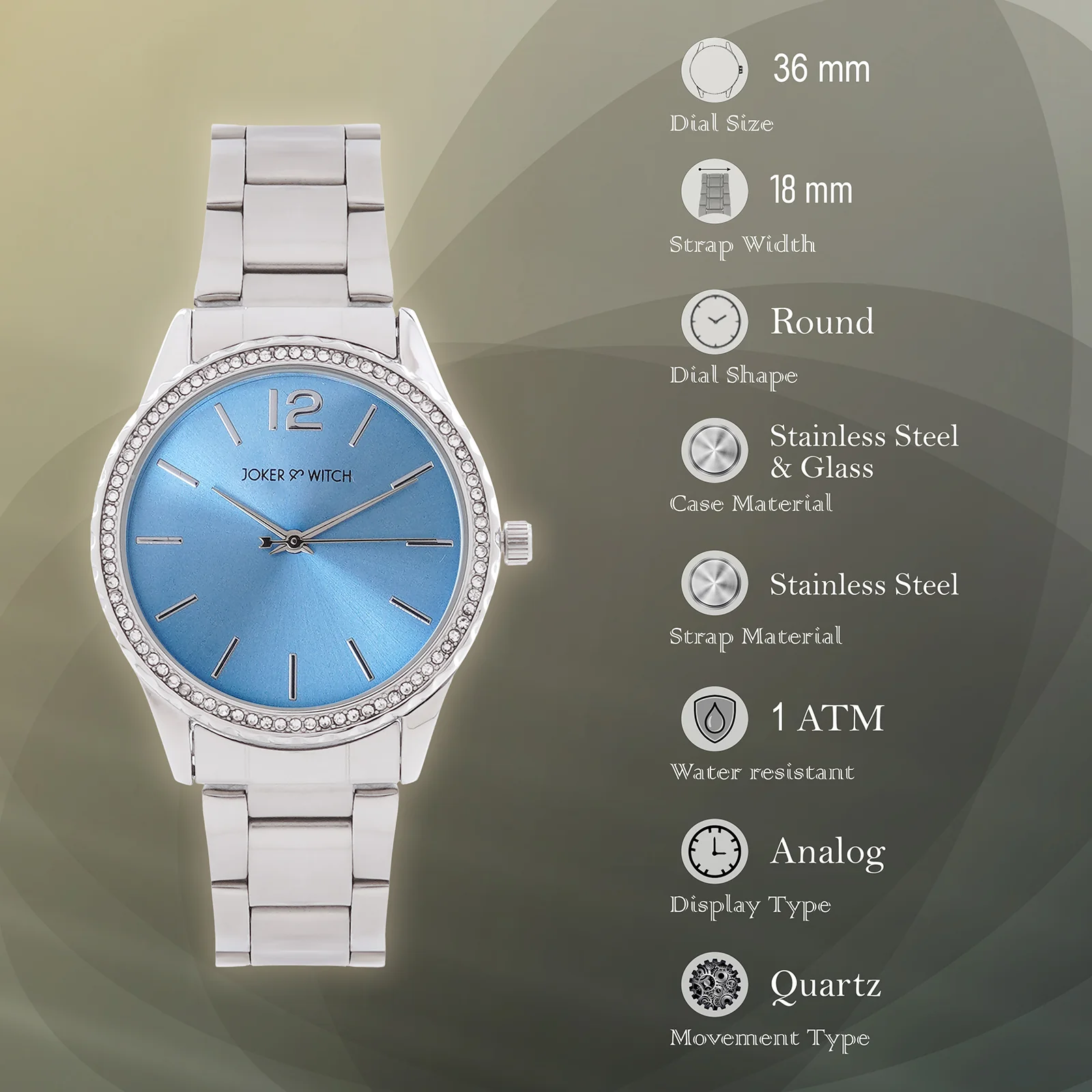 Adrenalina Blue Medium Rhinestone Dial Silver Linked Chain Strap Women's Watch - Image 7