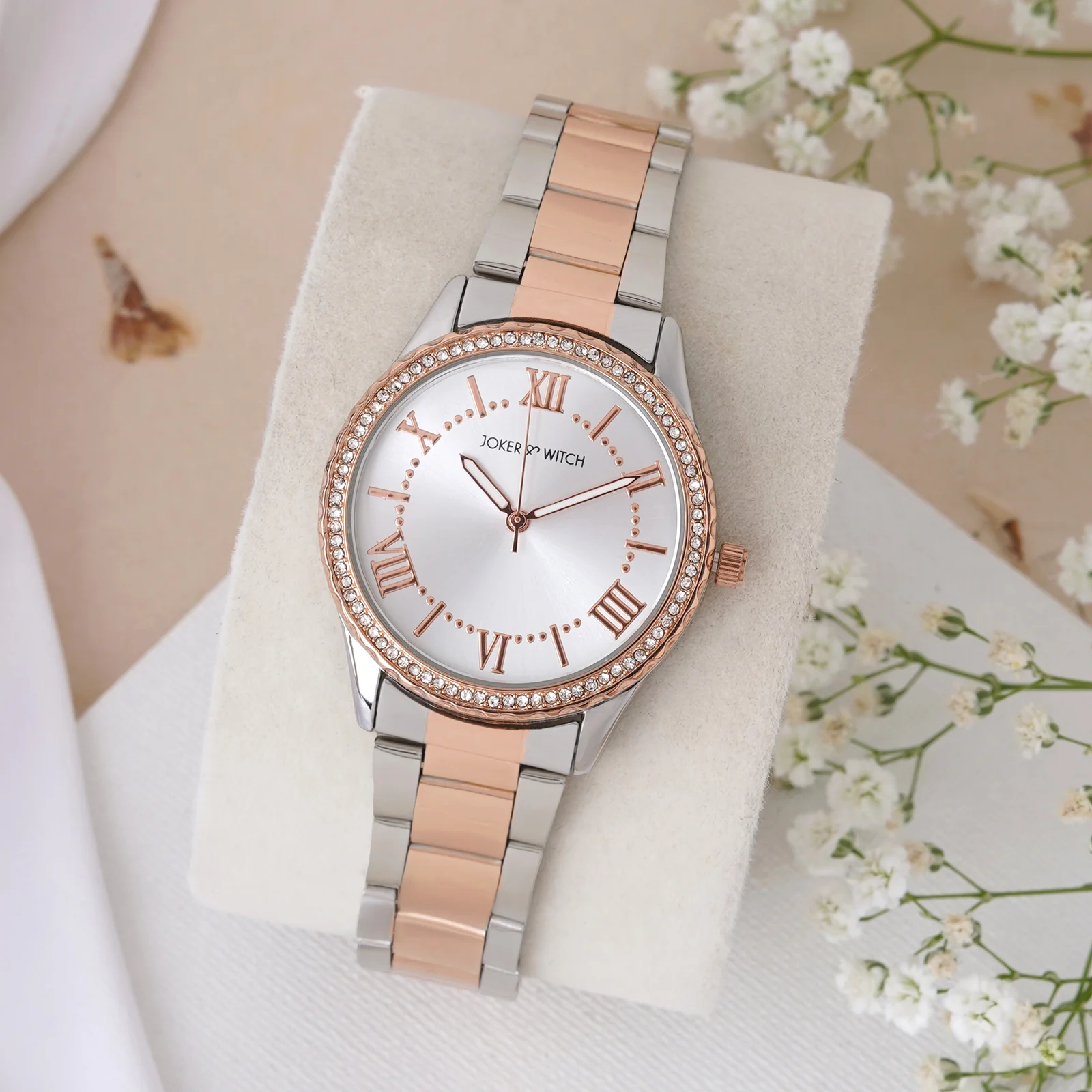 Adrenalina Silver Medium Rhinestone Dial Dual Tone Linked Chain Strap Women's Watch - Image 3