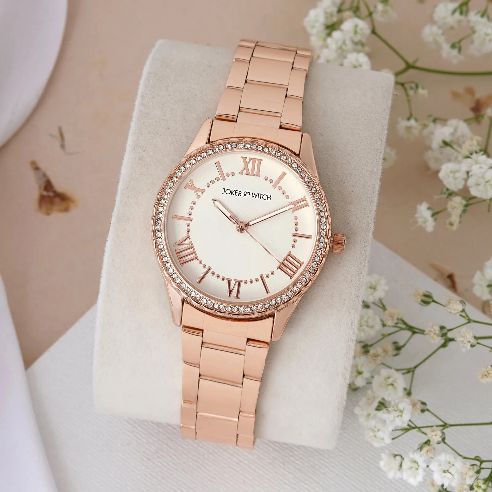 Adrenalina White Medium Rhinestone Dial Rose Gold Linked Chain Strap Women's Watch - Image 2