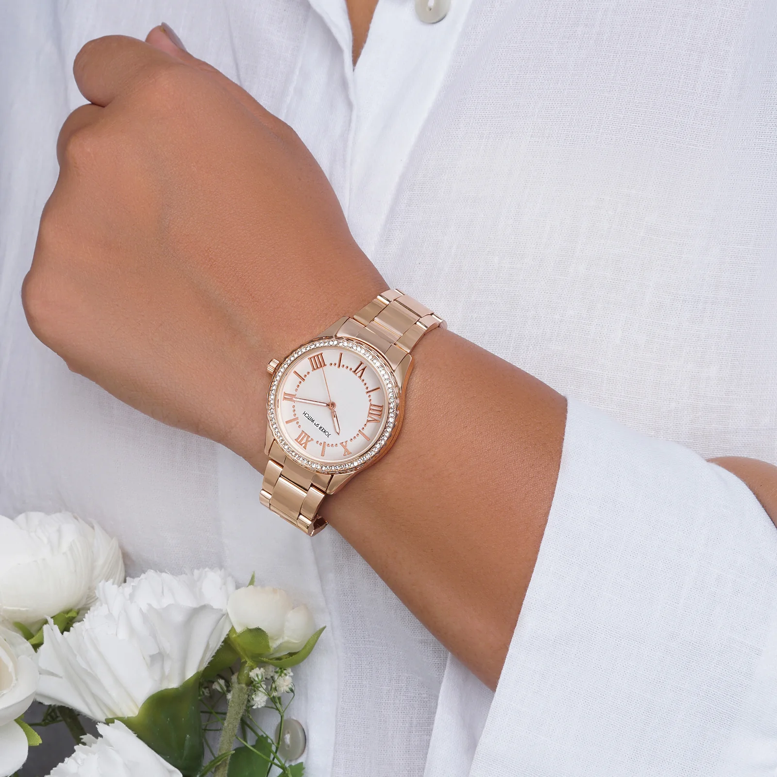 Adrenalina White Medium Rhinestone Dial Rose Gold Linked Chain Strap Women's Watch - Image 3