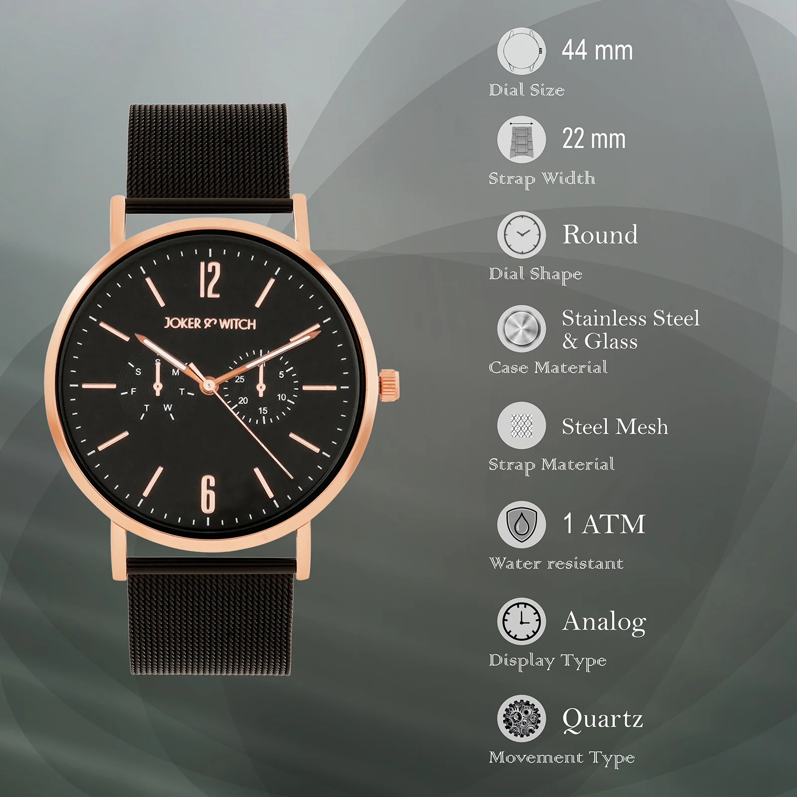 Agera Black Large Dial Mesh Strap Men's Watch - Image 7