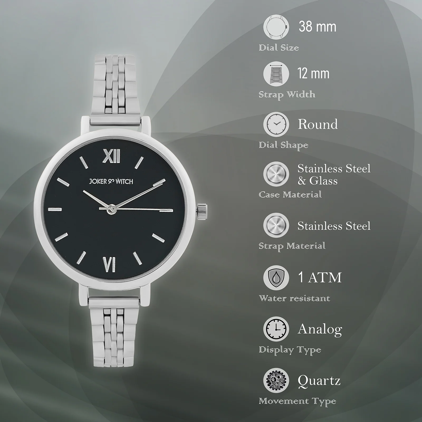 Agnes Black Large Dial Silver Linked Chain Strap Women's Watch - Image 7