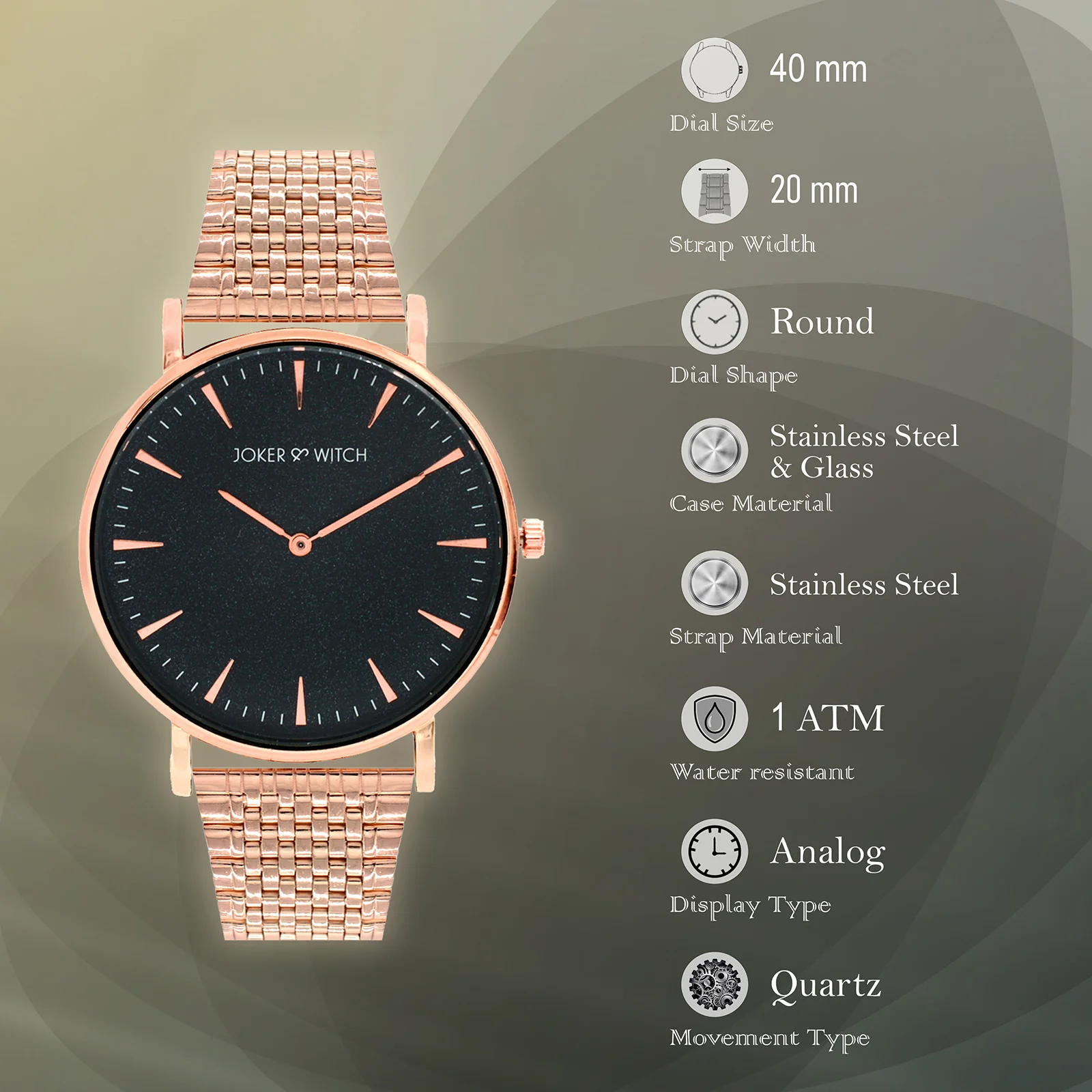 Aimee Black Large Dial Rose Gold Linked Chain Strap Women's Watch - Image 7