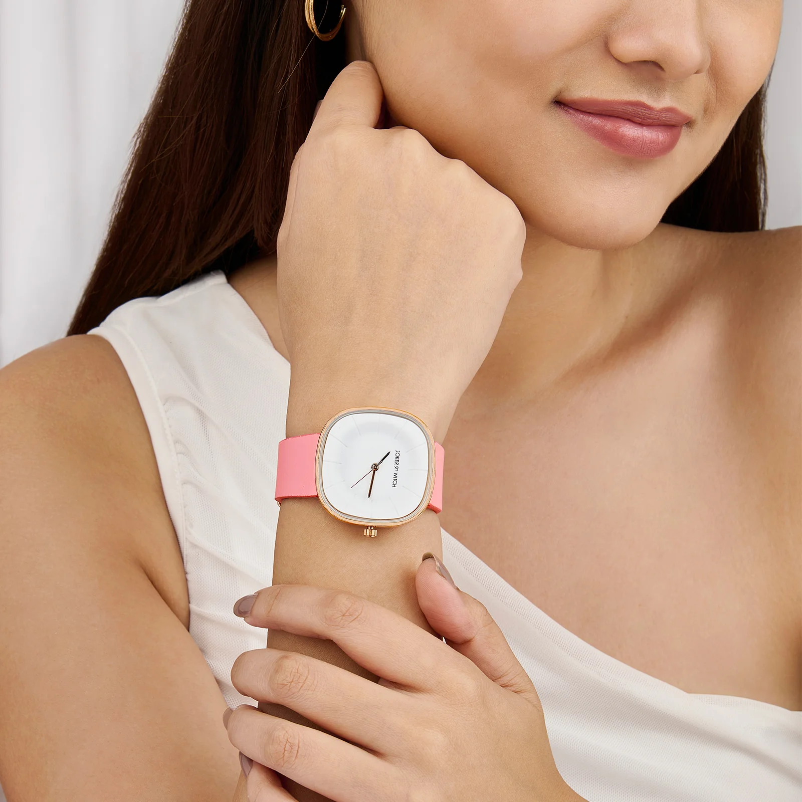Albin White Large Square Dial Pink PU Strap Women's Watch - Image 2