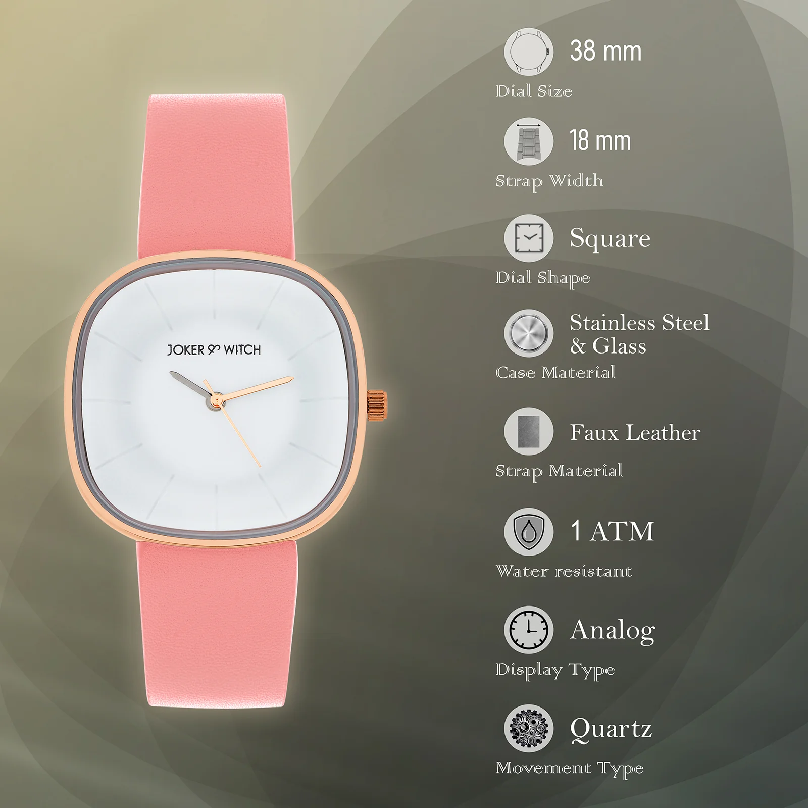 Albin White Large Square Dial Pink PU Strap Women's Watch - Image 7