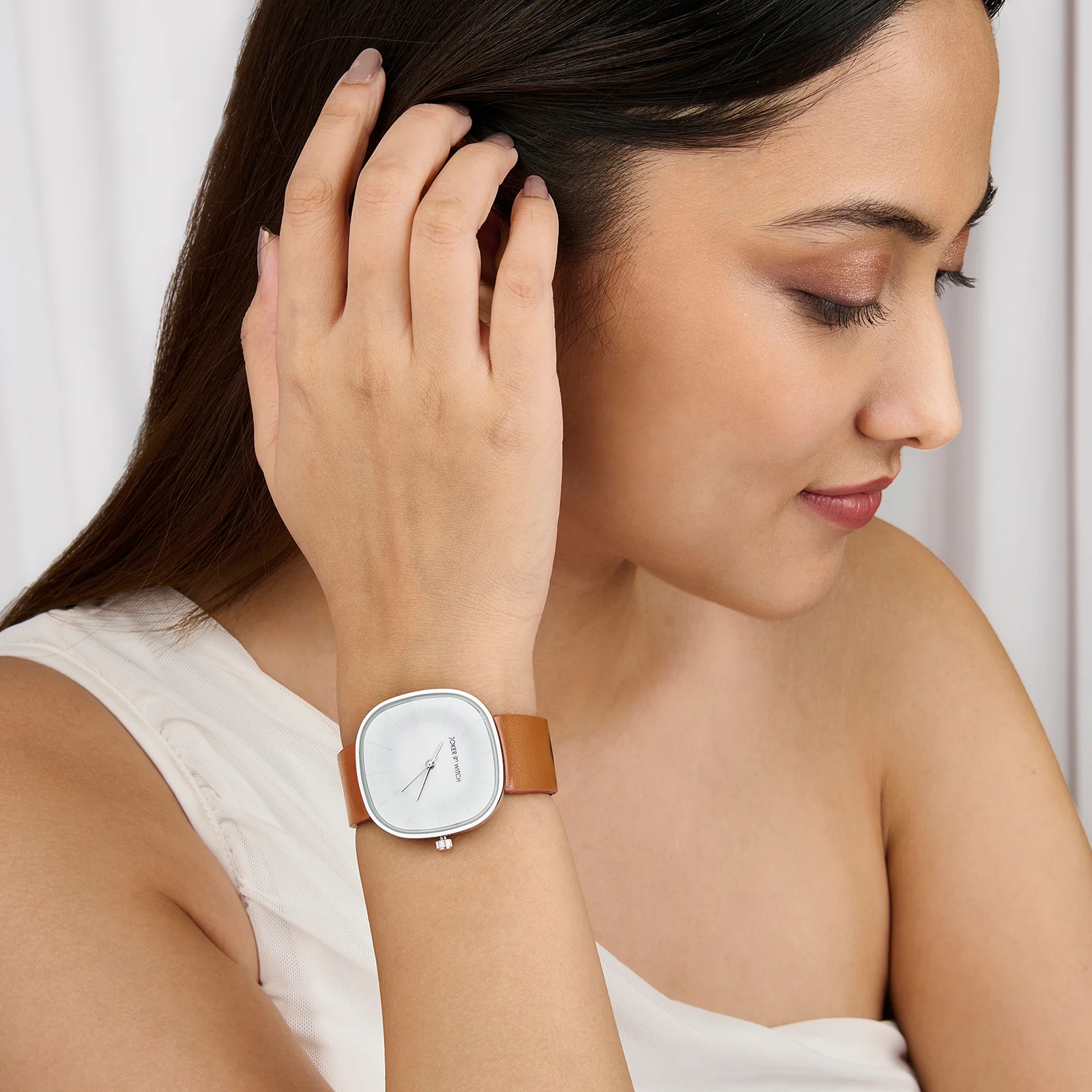 Albin White Large Square Dial Brown PU Strap Women's Watch - Image 2