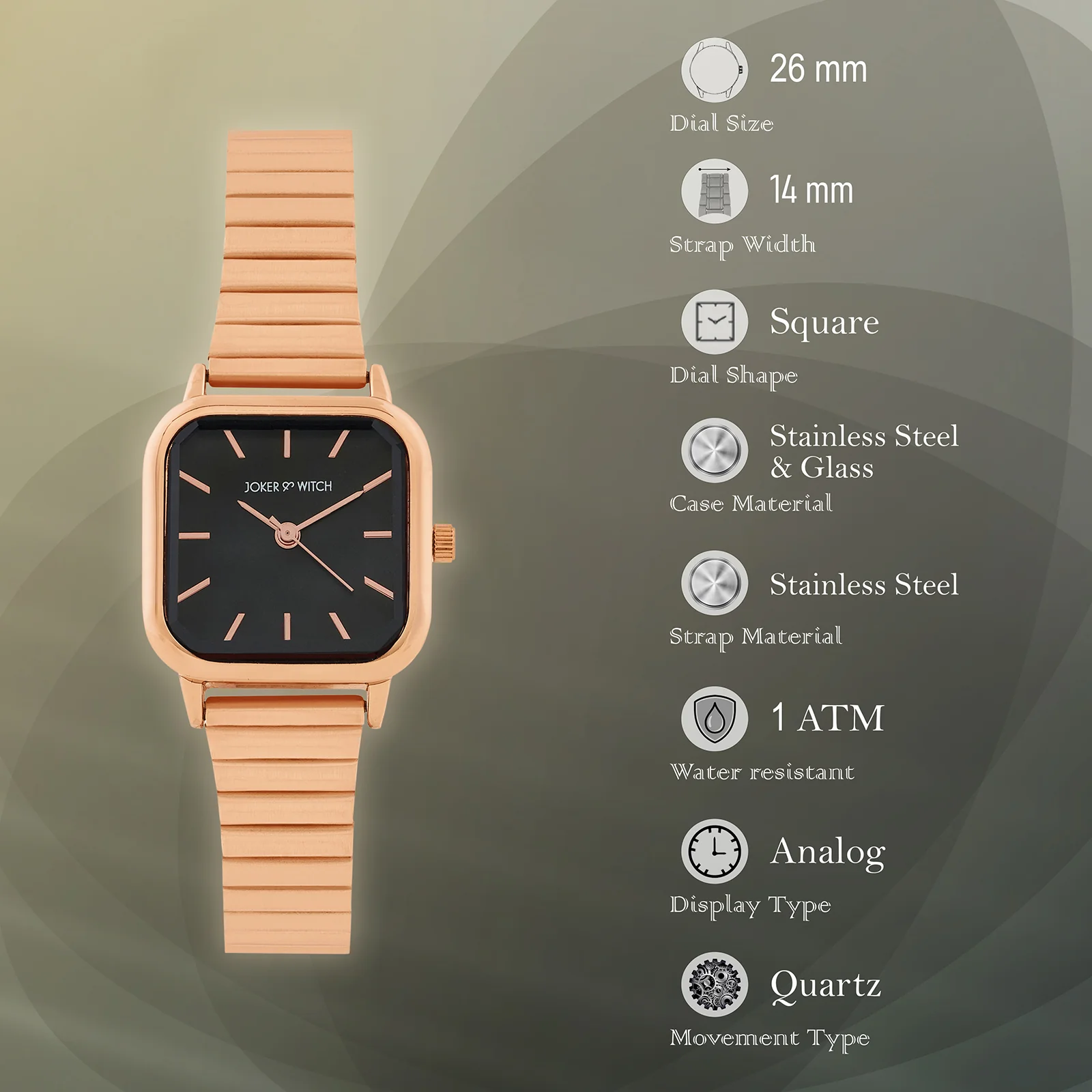 Alina Black Mini Square Dial Rose Gold Linked Chain Strap Women's Watch - Image 7