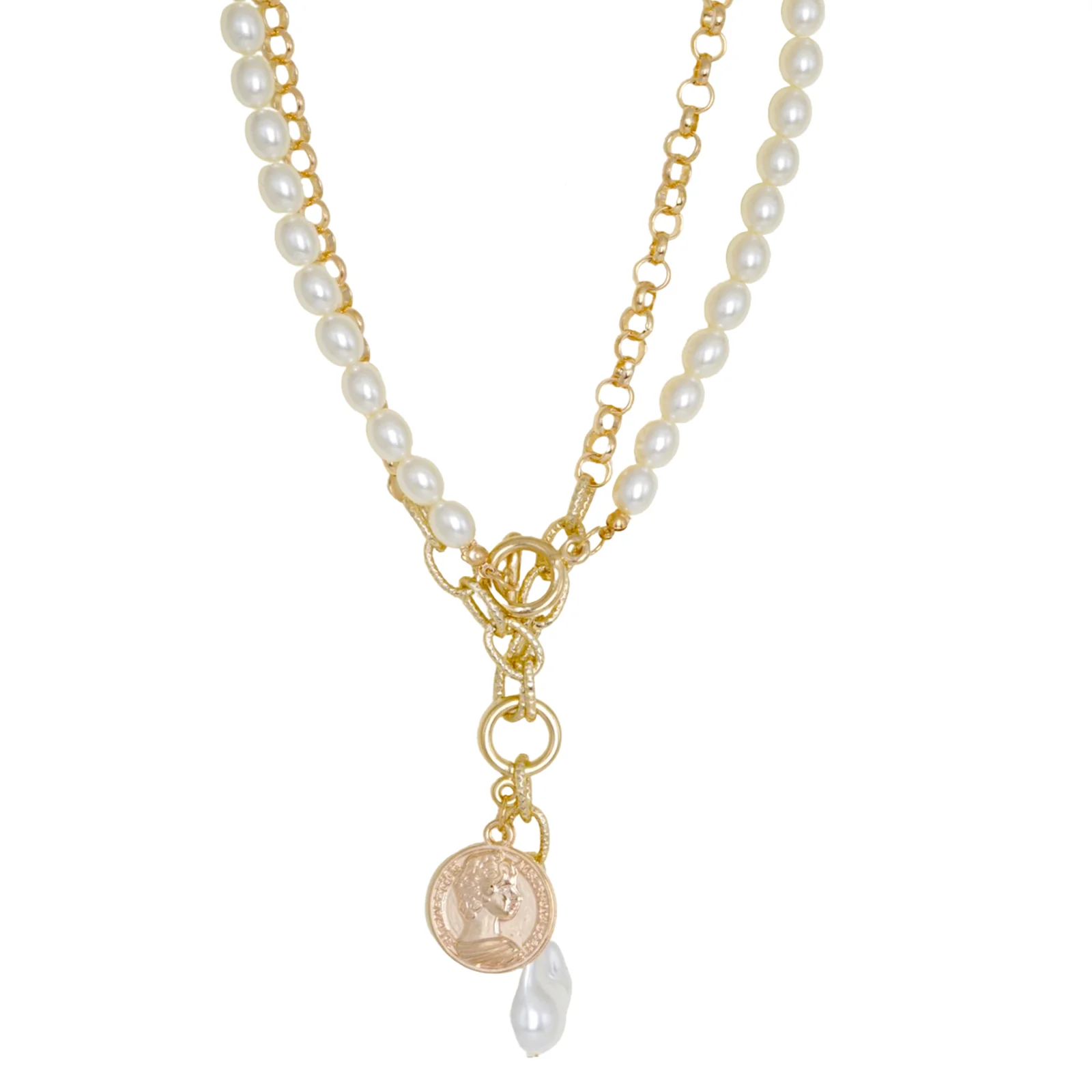 Alluring Pearl and Gold Chain Link Layered Necklace - Image 5
