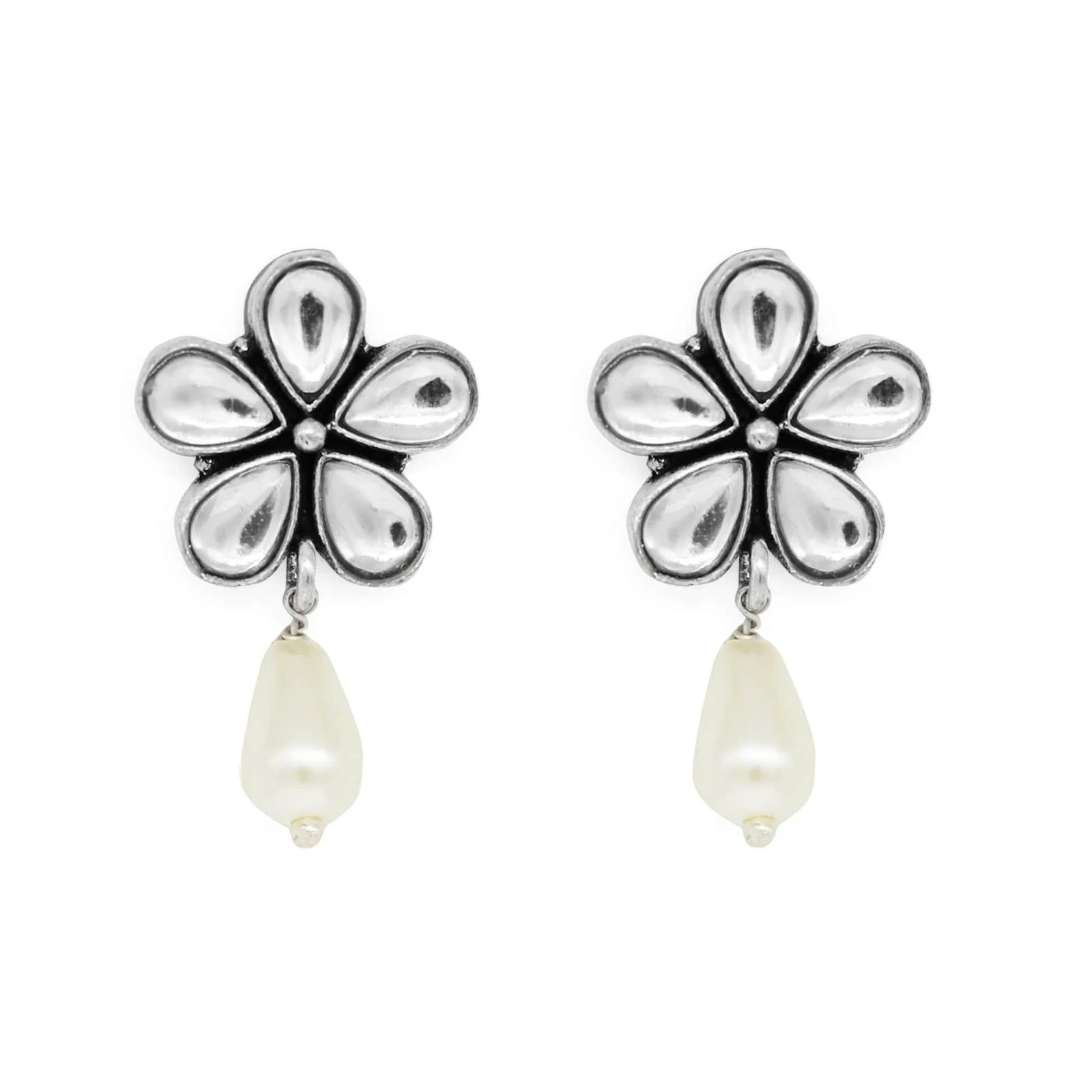 Amritaya Floral Polki Silver Oxidized Earrings - Image 3