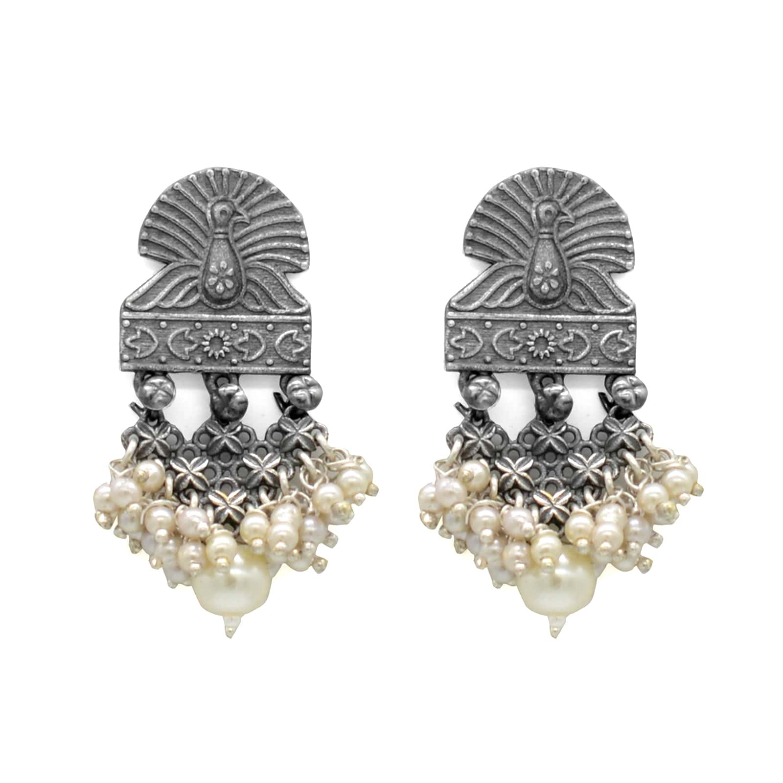 Antique Silver Peacock Pearl Earrings - Image 3