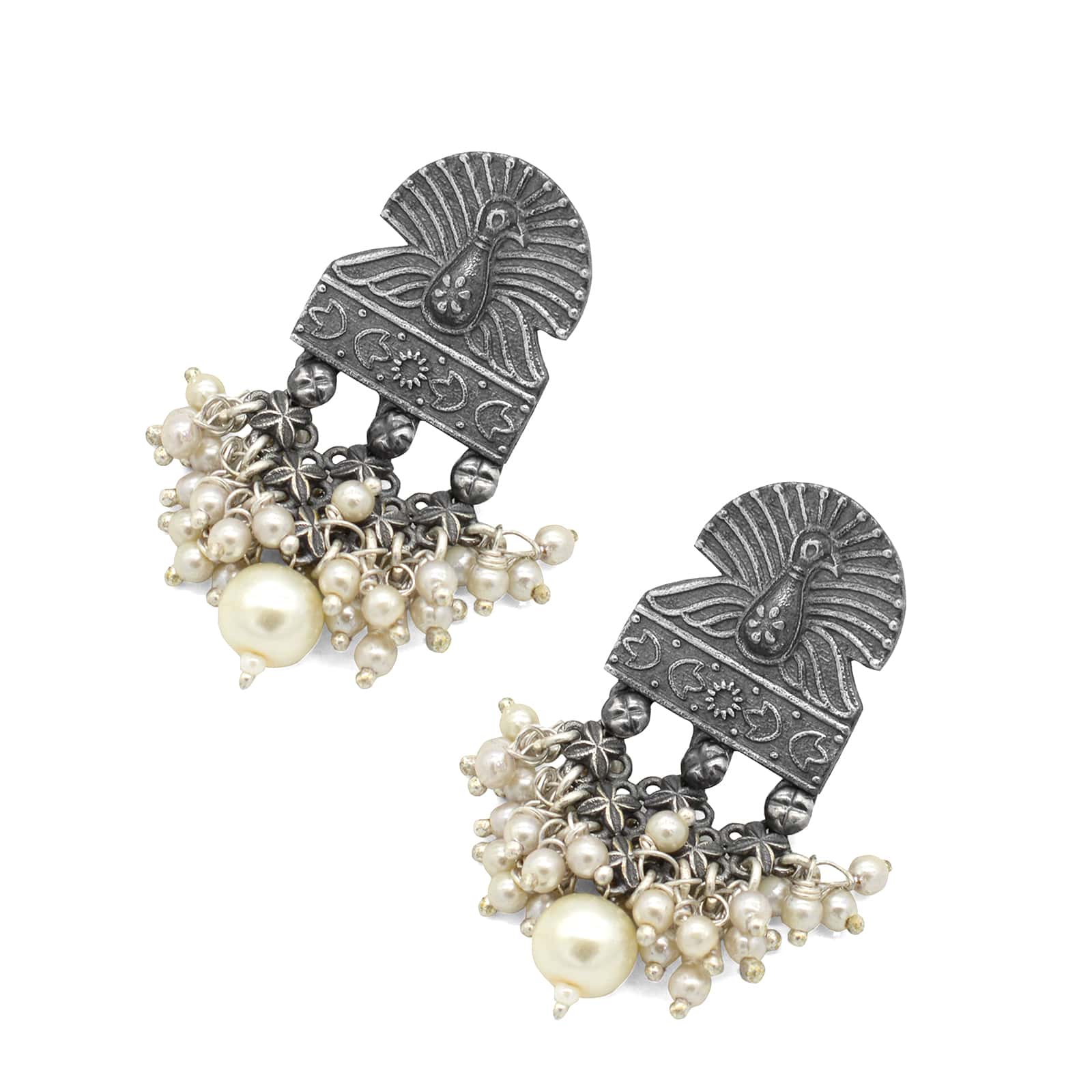 Antique Silver Peacock Pearl Earrings - Image 4