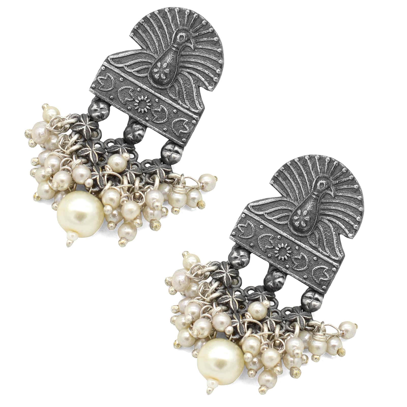 Antique Silver Peacock Pearl Earrings - Image 5