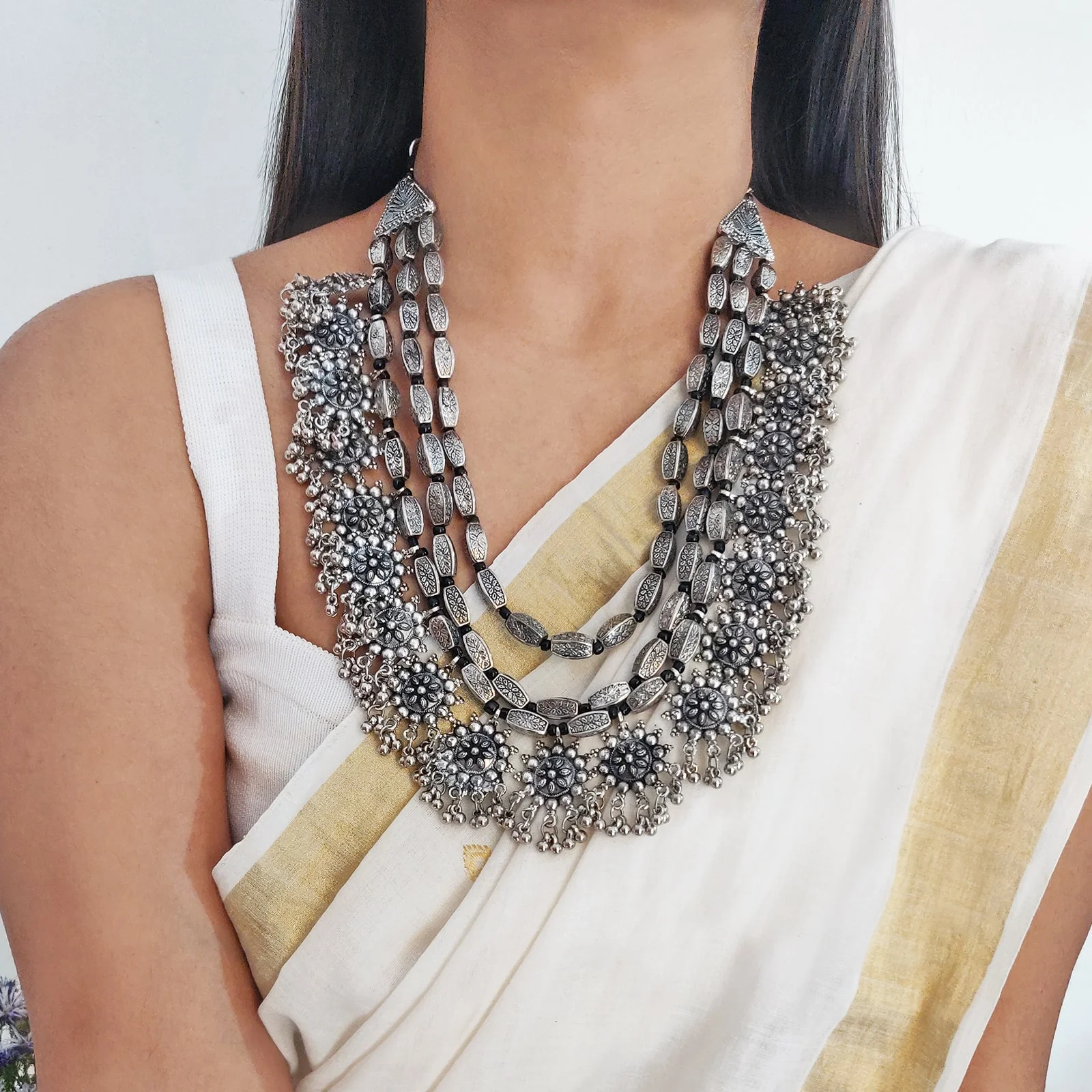 Anurima Floral Silver Oxidized Layered Necklace - Image 2
