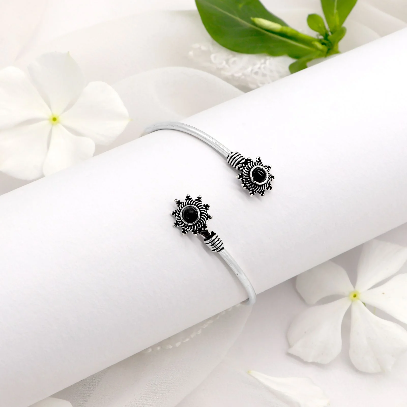 Aparna Black Flower Silver Oxidized Bracelet - Image 2