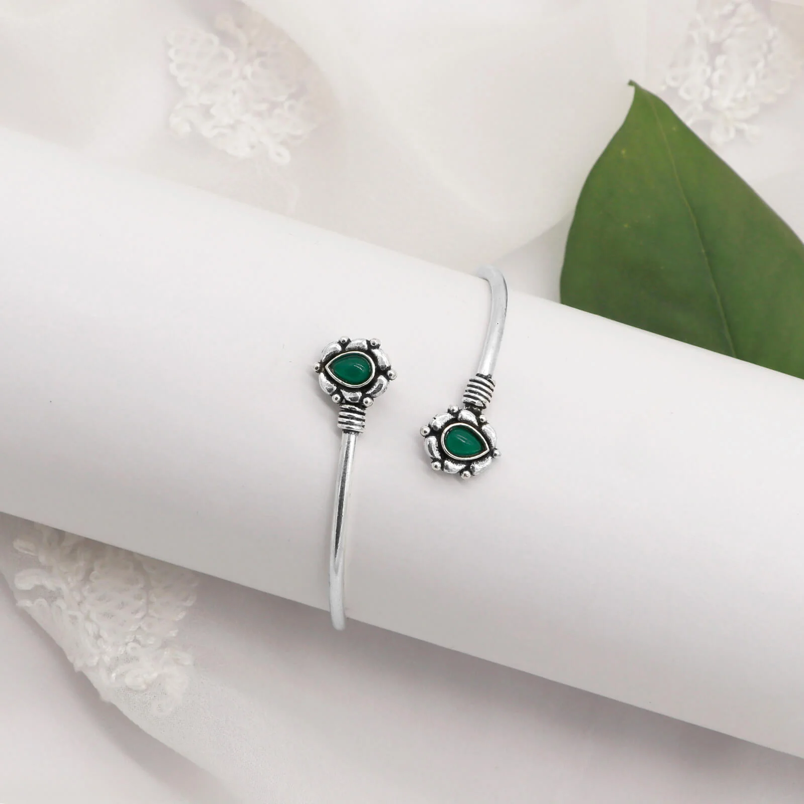 Aparna Green Leaf Silver Oxidized Bracelet - Image 2