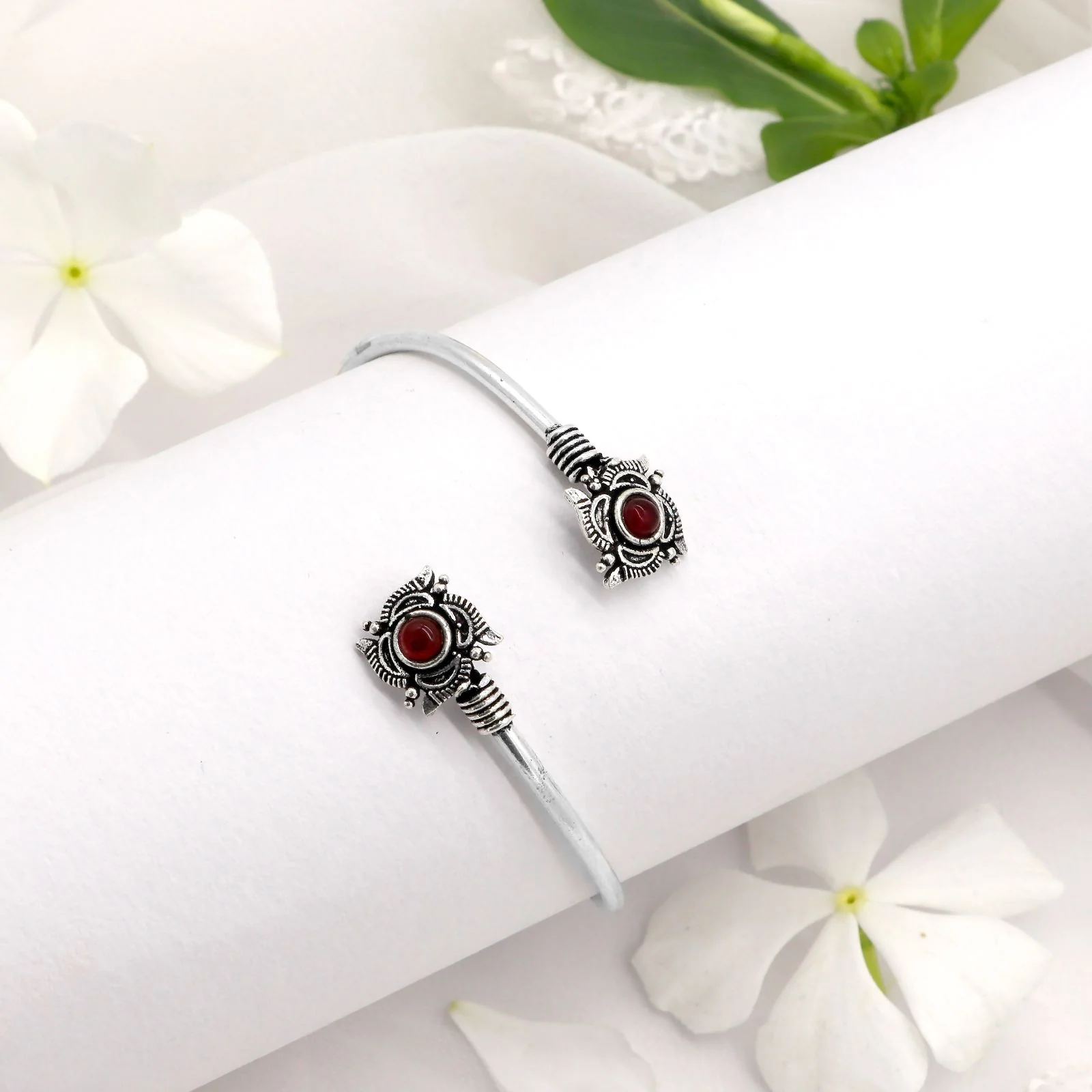 Aparna Red Flower Silver Oxidized Bracelet - Image 2