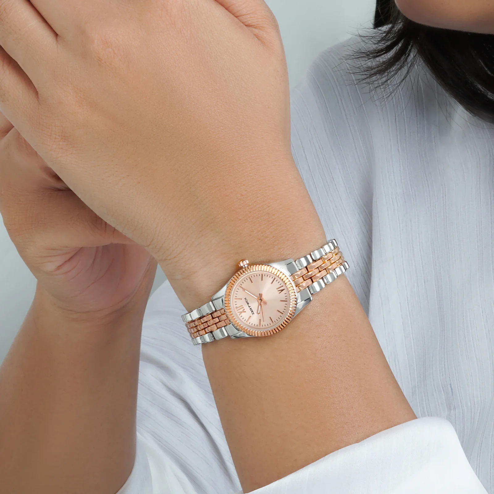 Arina Rose Gold Mini Dial Dual Tone Linked Chain Strap Women's Watch - Image 3