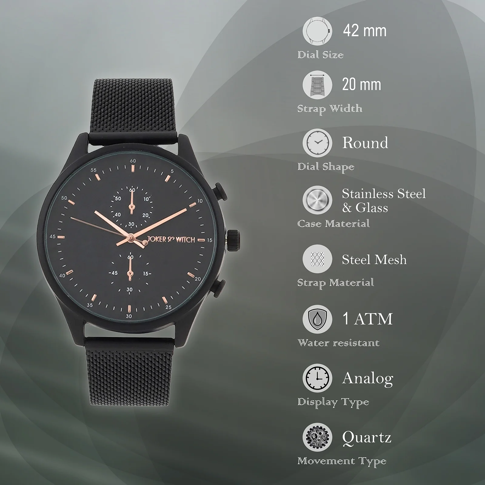 Beetle Black Large Dial Mesh Strap Men's Watch - Image 7