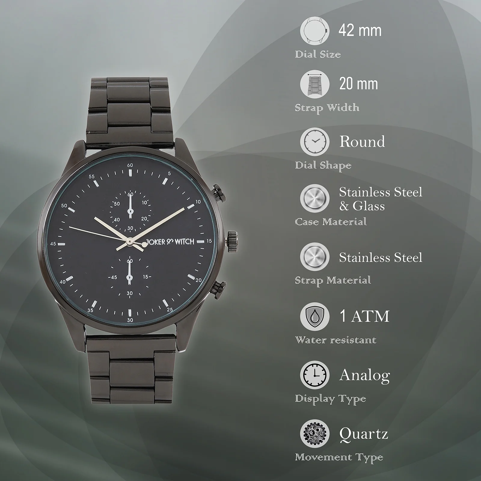 Beetle Black Large Dial Linked Chain Strap Men's Watch - Image 7
