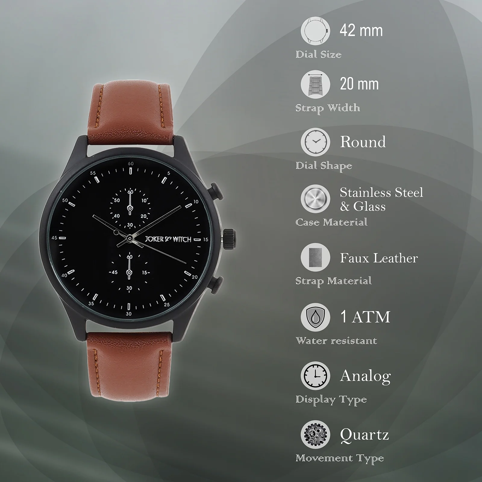 Beetle Black Large Dial Brown PU Strap Men's Watch - Image 7