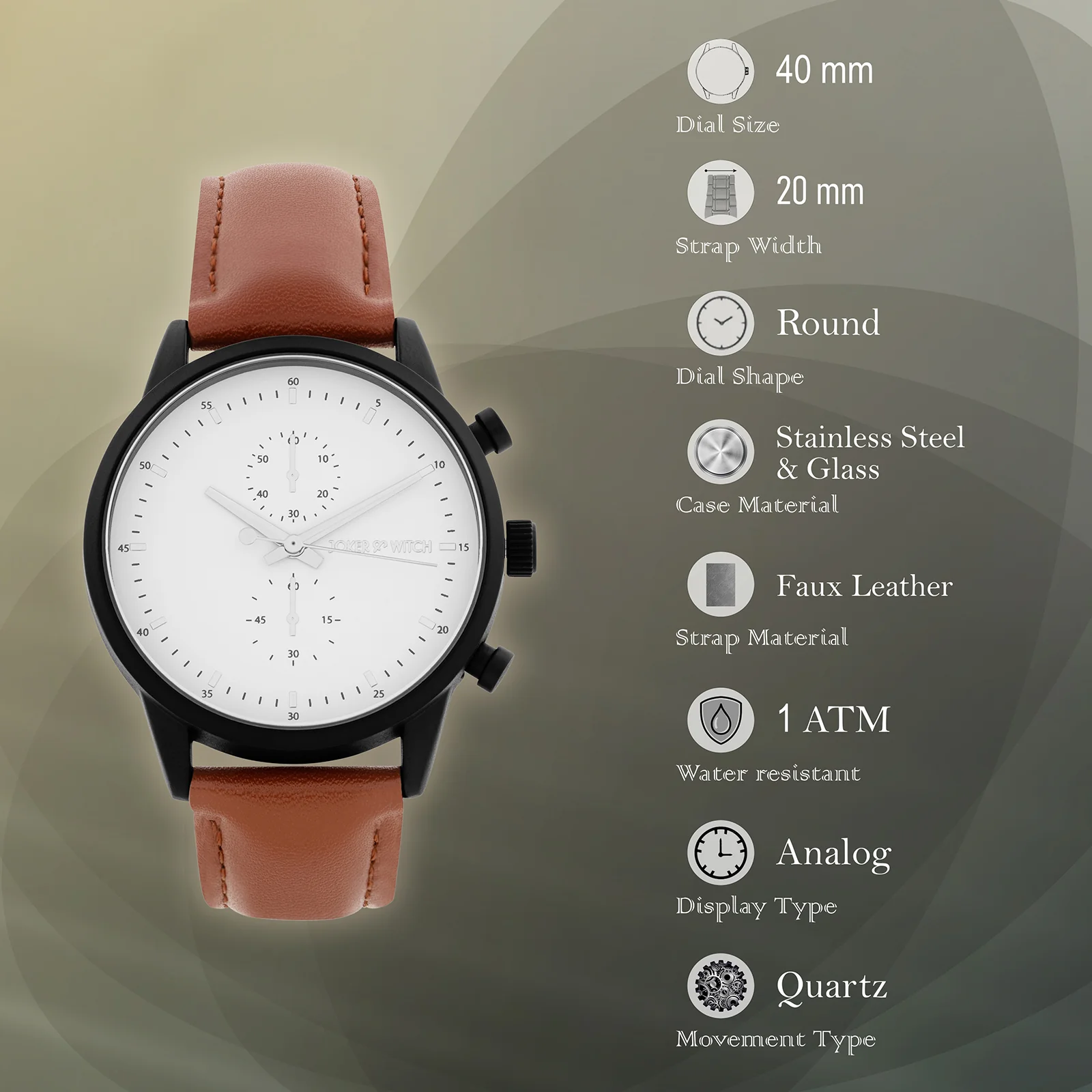 Beetle White Large Dial Brown PU Strap Men's Watch - Image 7