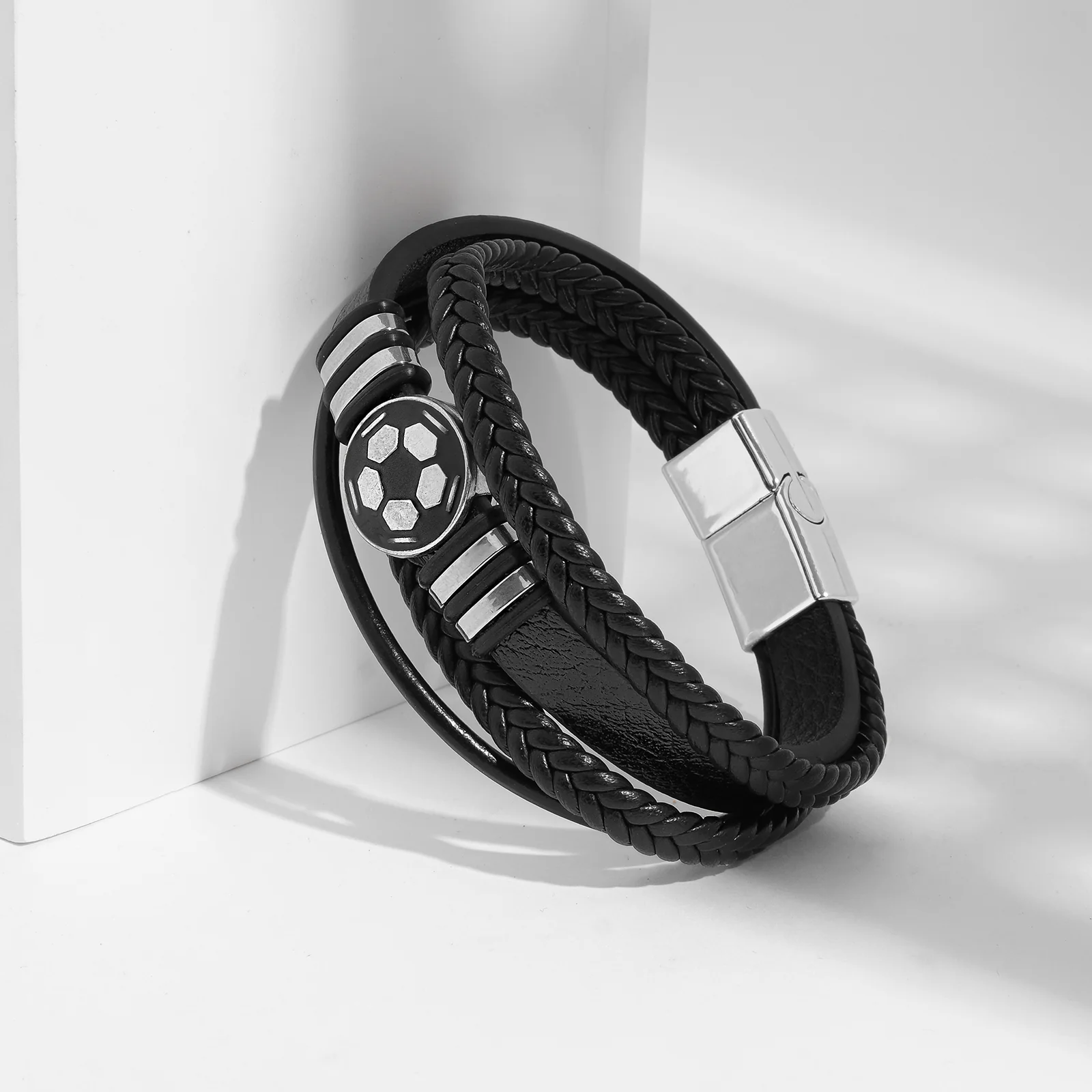 Bennington Black Men's Leather Layered Bracelet - Image 2