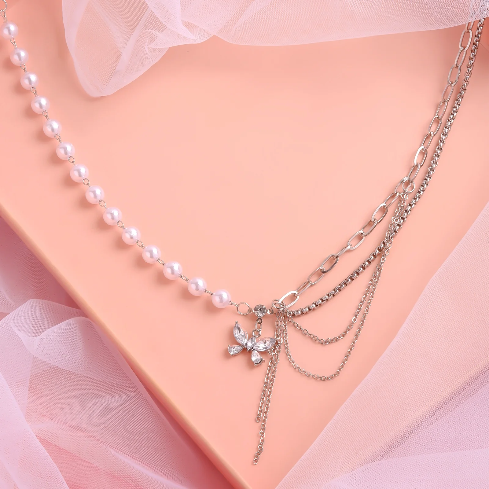 Bewitched Courtnie Pearl and Rhinestone Butterfly Pendant Layered Necklace - Image 2