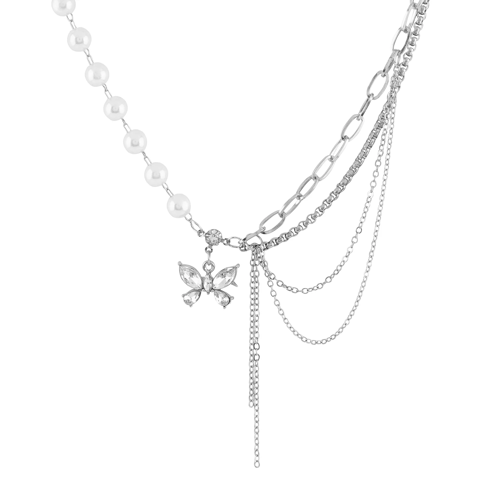 Bewitched Courtnie Pearl and Rhinestone Butterfly Pendant Layered Necklace - Image 4