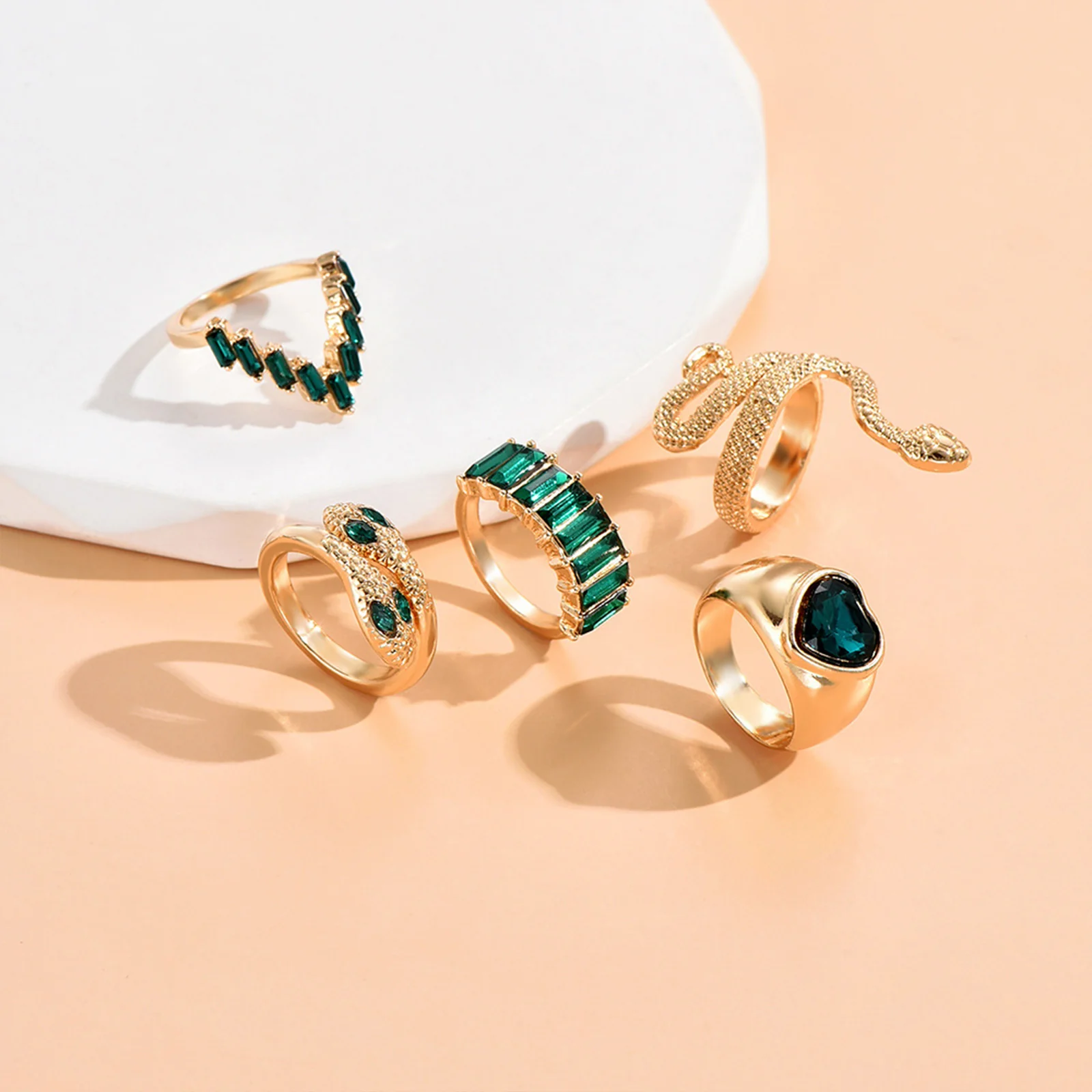 Bewitched Shezine Emerald Green And Gold Snake Ring Stack - Image 2