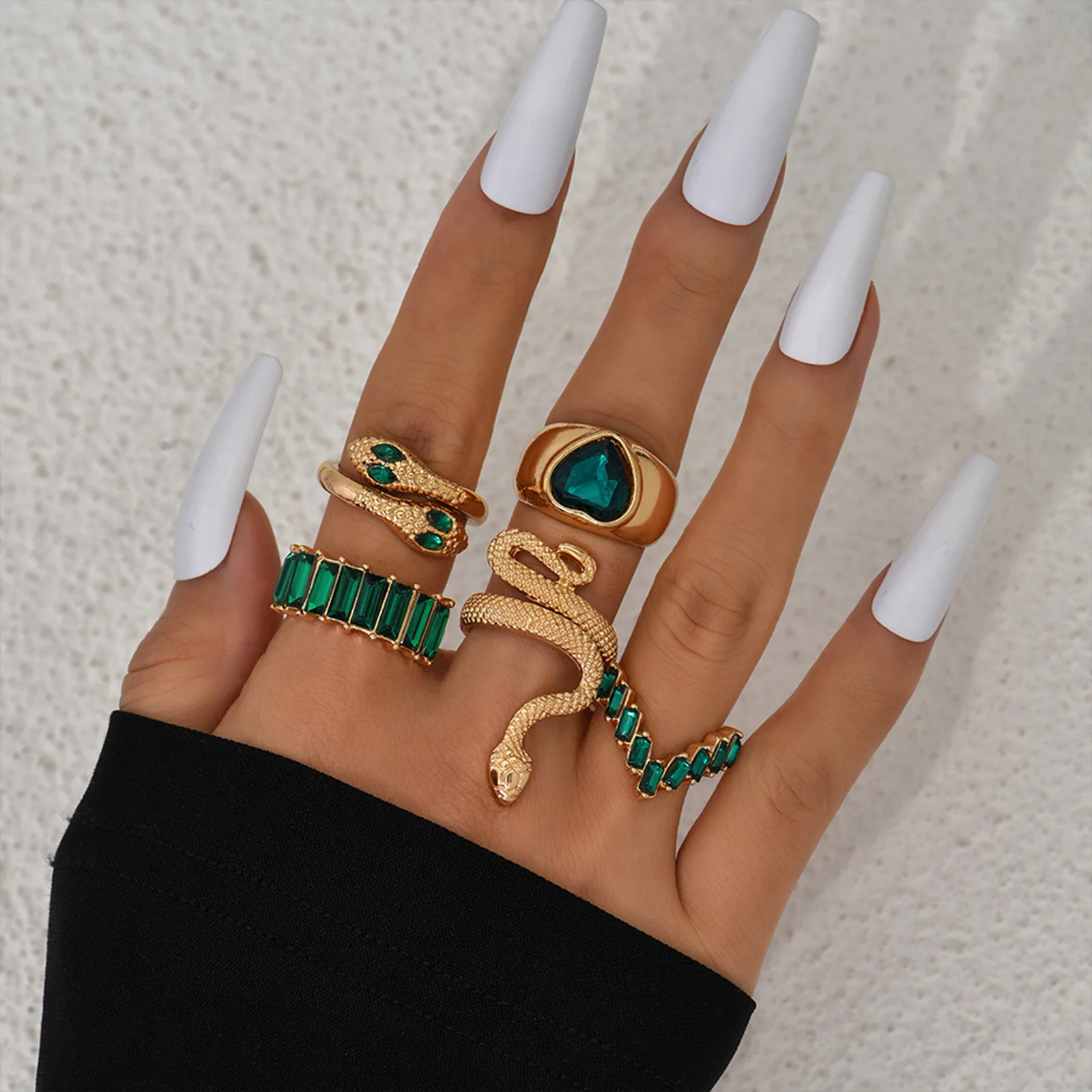 Bewitched Shezine Emerald Green And Gold Snake Ring Stack - Image 3