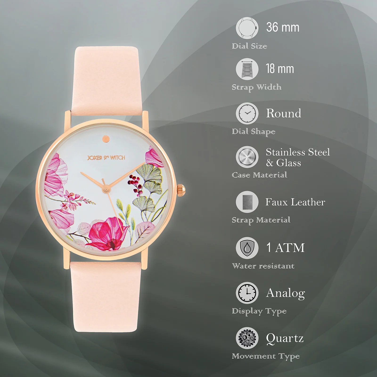 Printed Bloom In White Medium Dial Pink PU Strap Women's Watch - Image 7