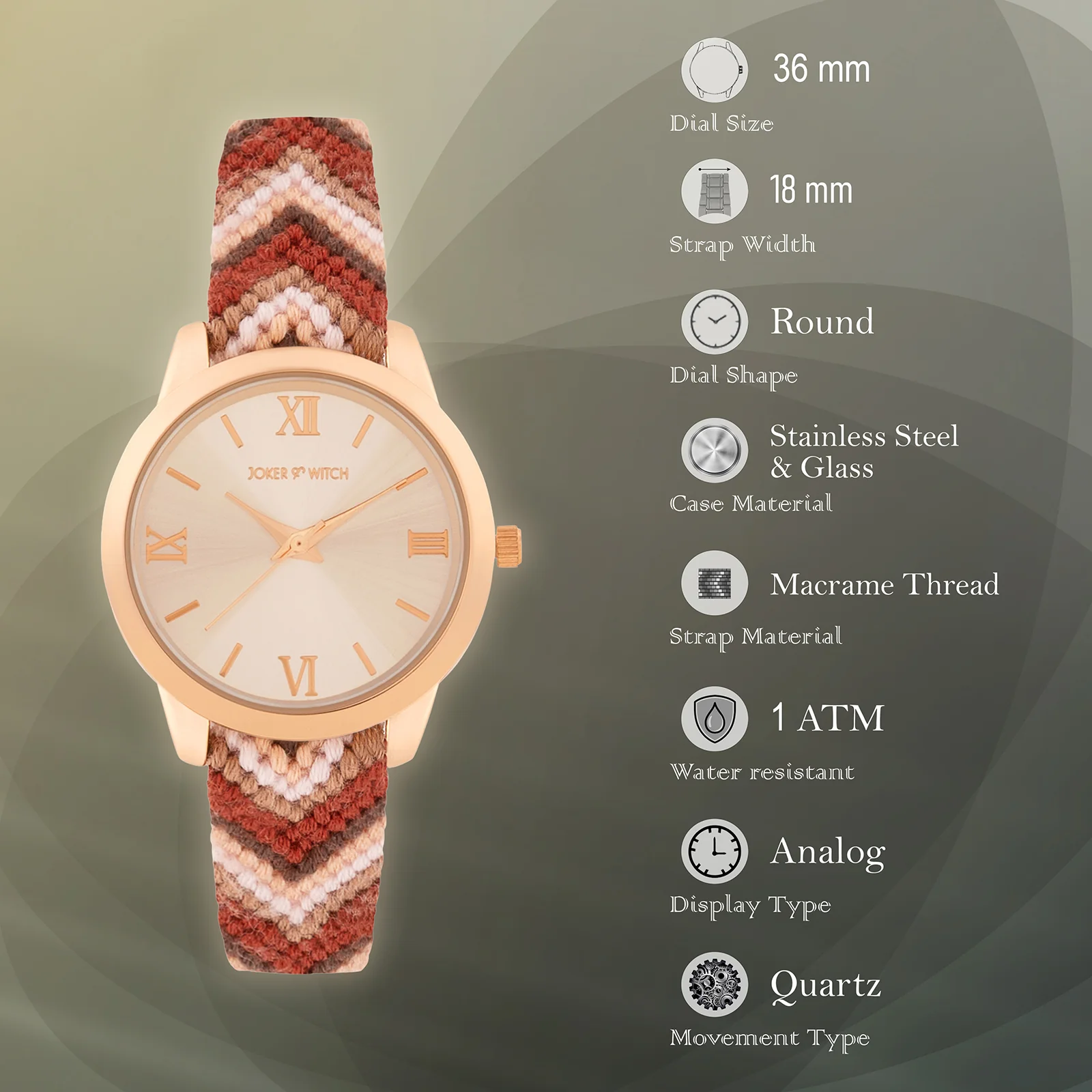 Boho Breeze Rose Gold Medium Dial Mauve Macrame Strap Women's Watch - Image 7