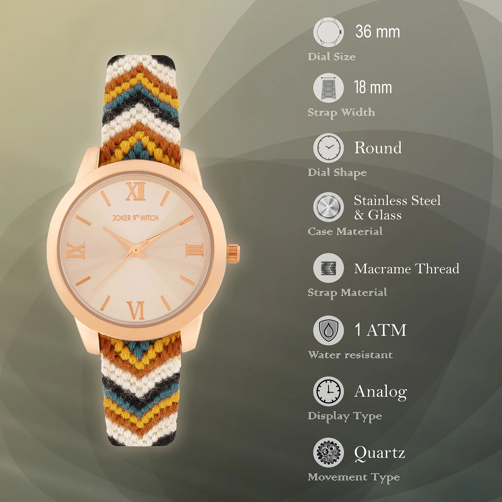 Boho Breeze Rose Gold Medium Dial Earthy Tone Macrame Strap Women's Watch - Image 7