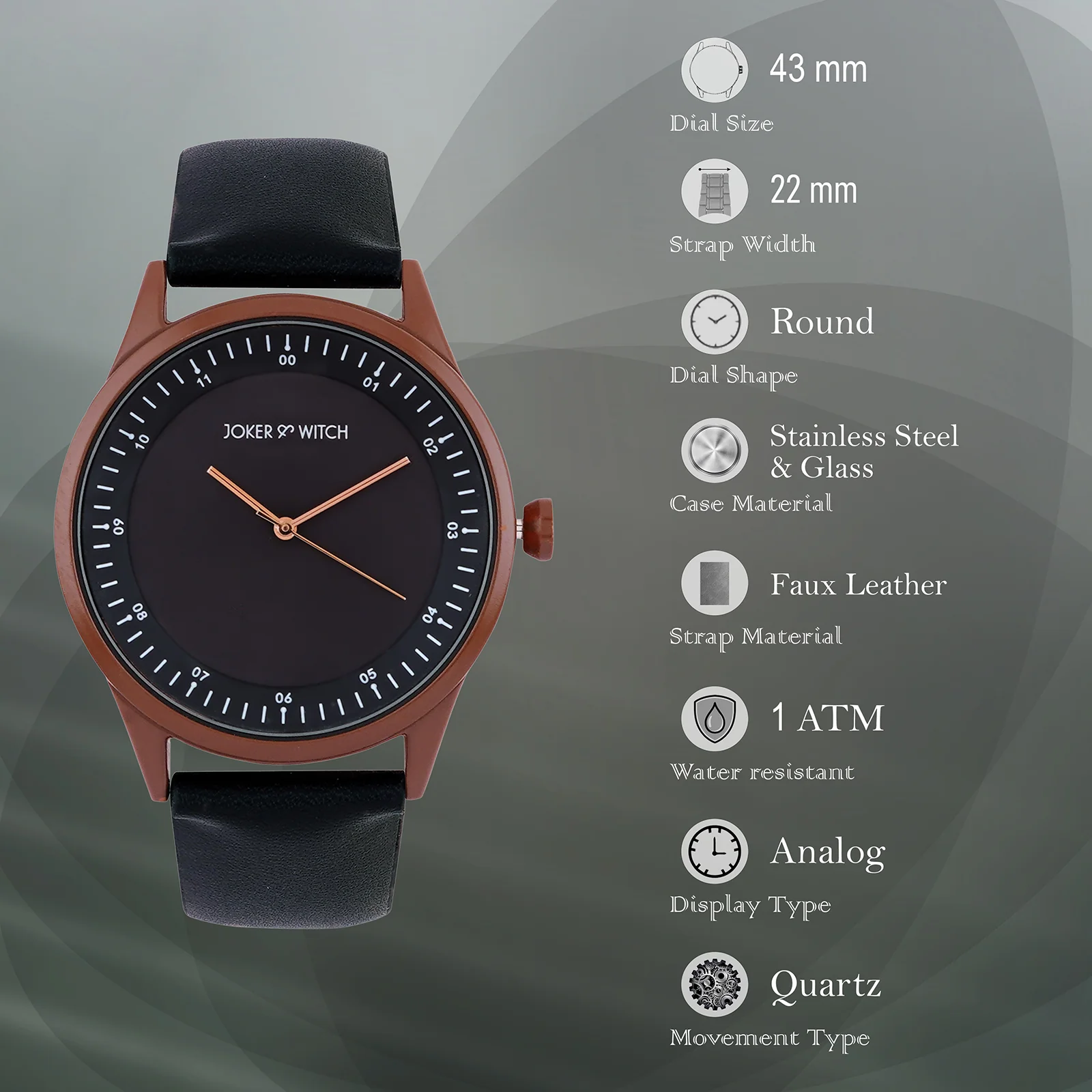 Bosco Copper Black Large Dial PU Strap Men's Watch - Image 7