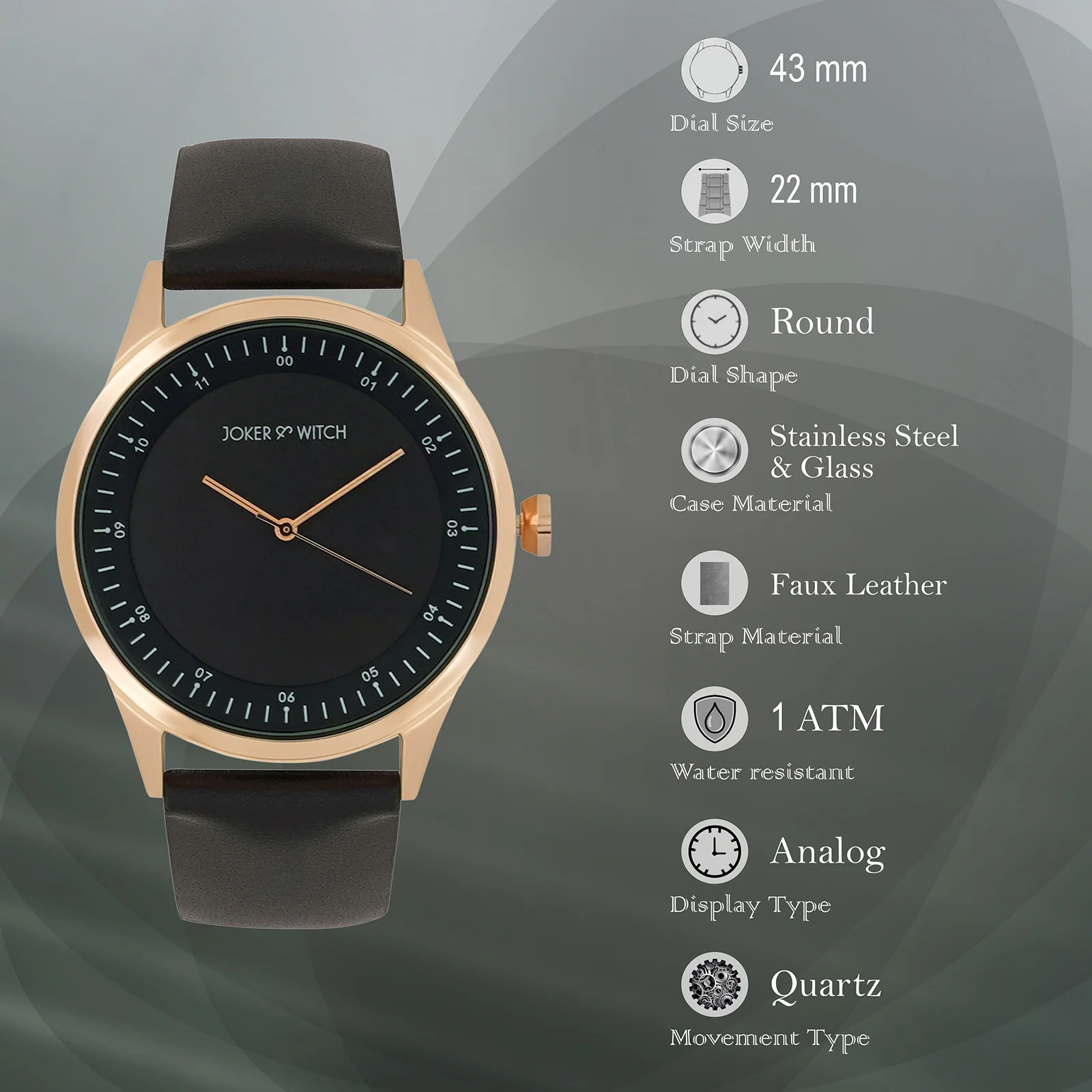 Bosco Rose Gold Black Large Dial PU Strap Men's Watch - Image 7