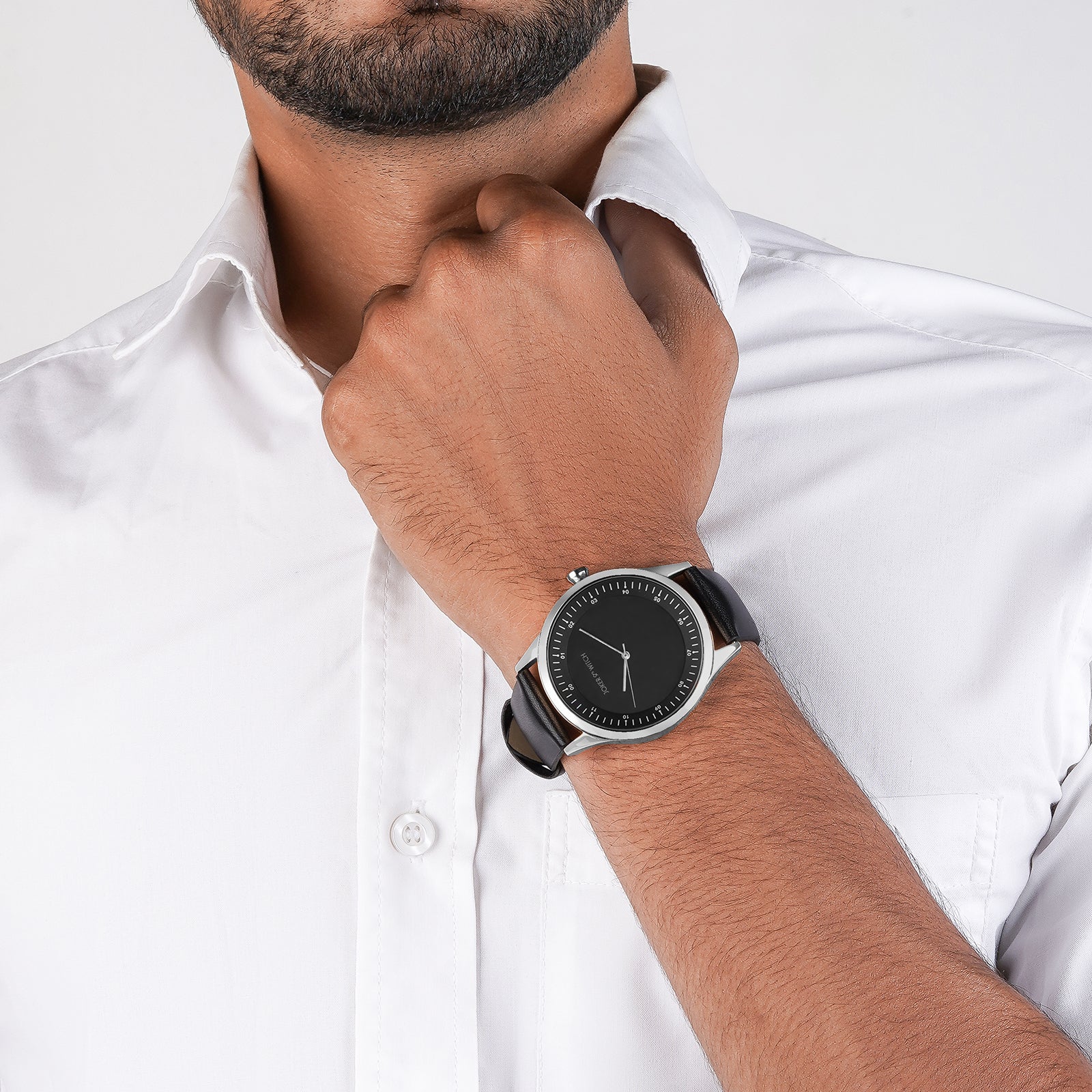 Bosco Silver Black Large Dial PU Strap Men's Watch - Image 4