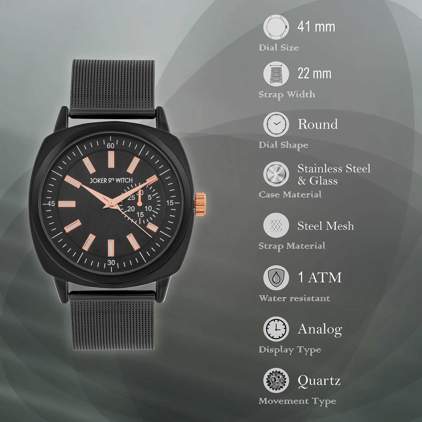 Cadenza Rose Gold Black Large Dial Mesh Strap Men's Watch - Image 7