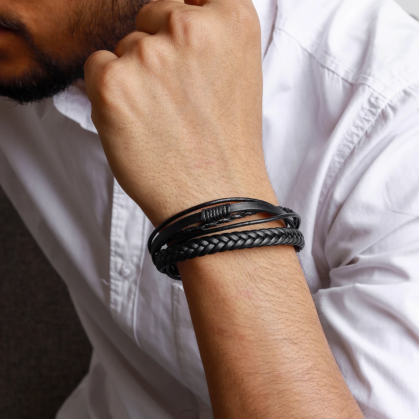 Cadmus Black Leather Black Buckle Bracelet - Image 2