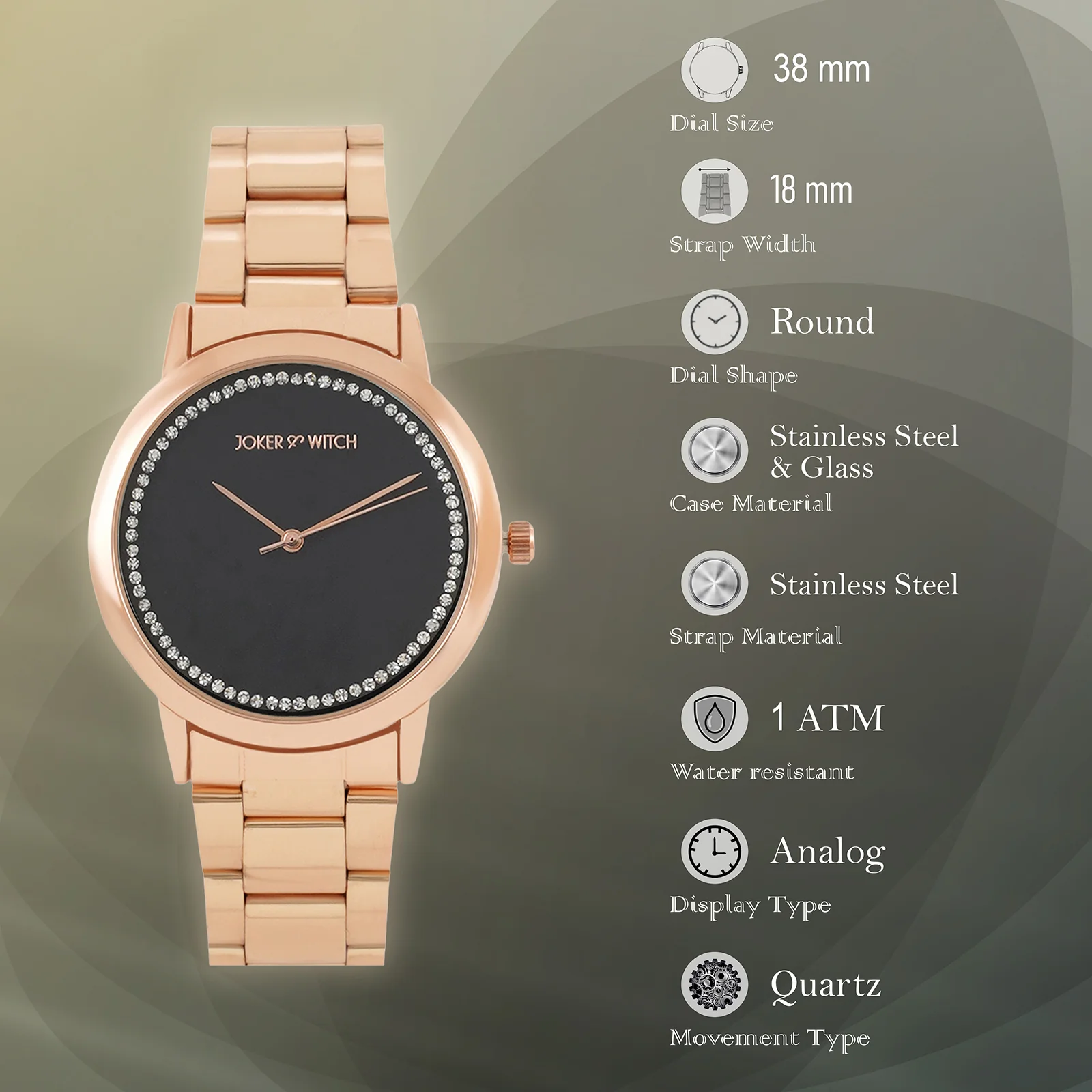 Castor Black Large Rhinestone Dial Rose Gold Linked Chain Strap Women's Watch - Image 7