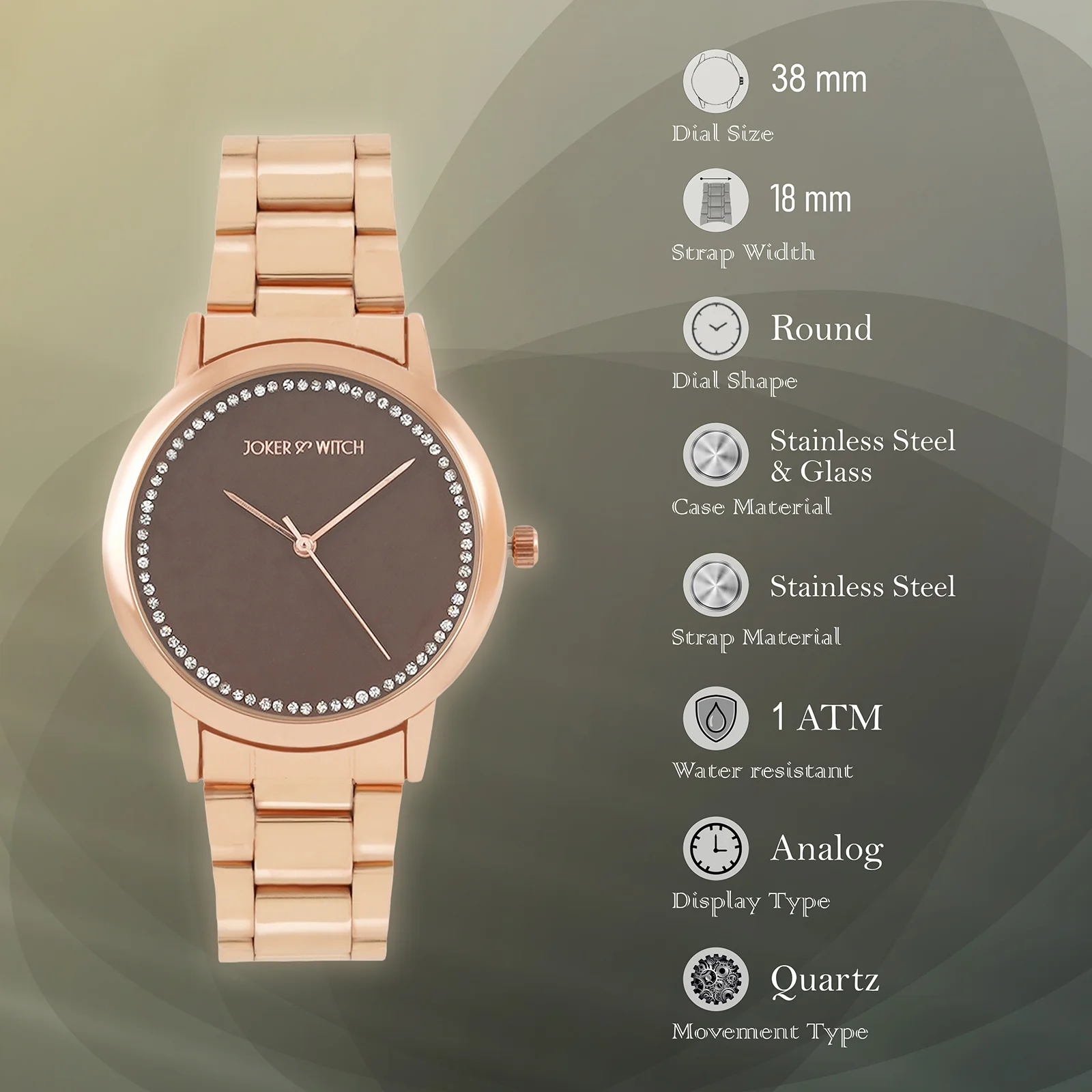 Castor Brown Large Rhinestone Dial Rose Gold Linked Chain Strap Women's Watch - Image 7