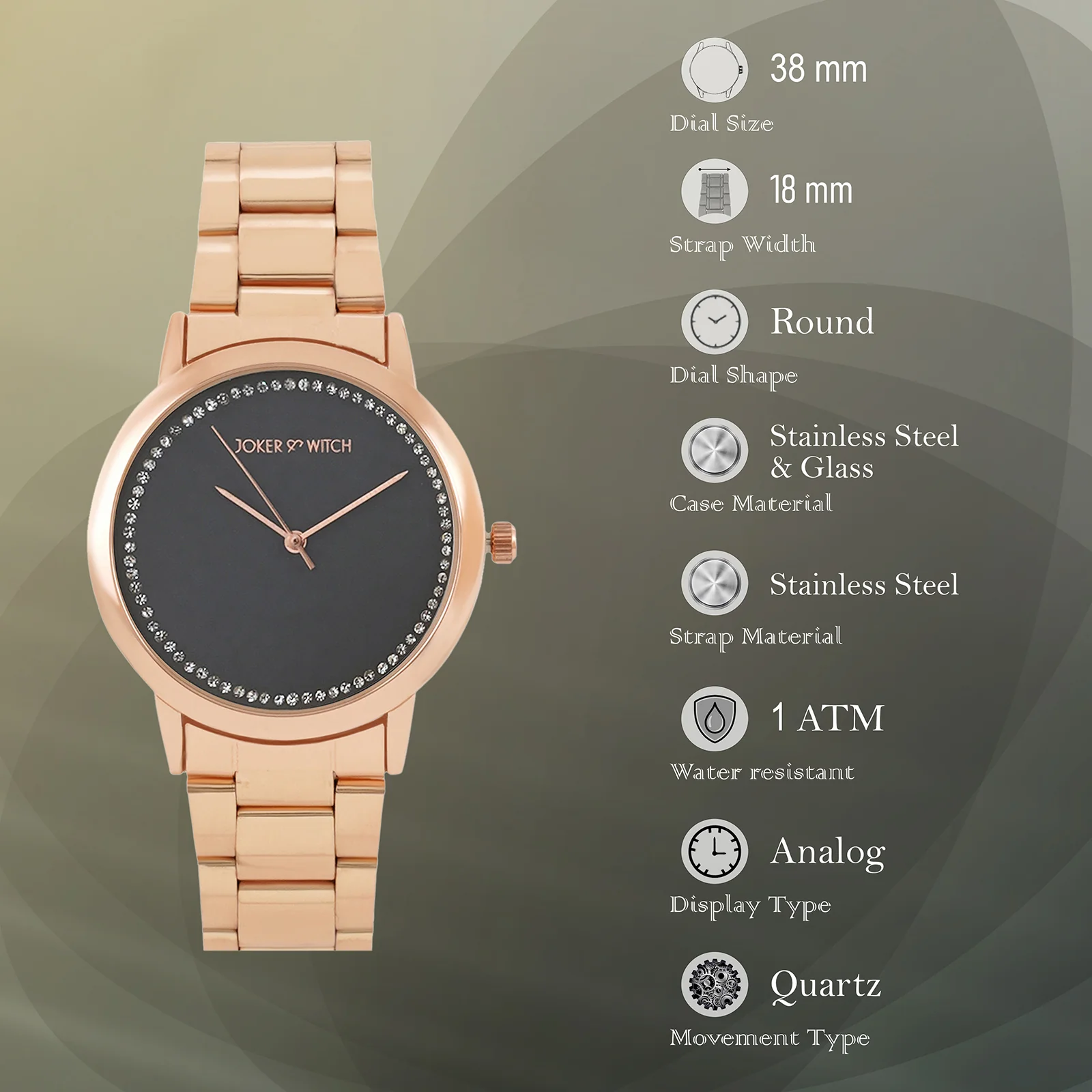 Castor Grey Large Rhinestone Dial Rose Gold Linked Chain Strap Women's Watch - Image 7