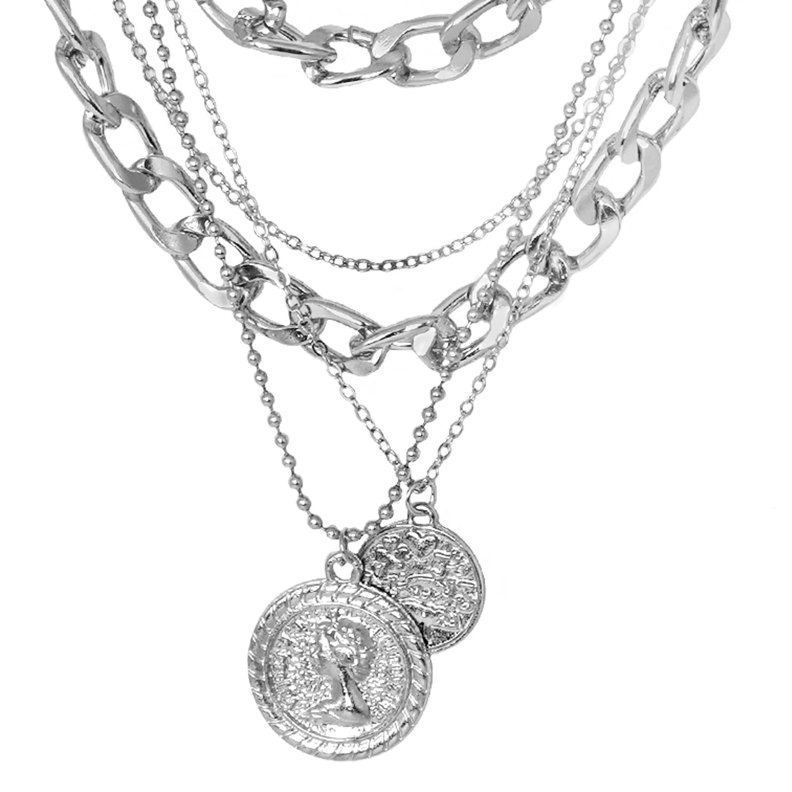 Chain Link Medallion Layered Silver Necklace - Image 3