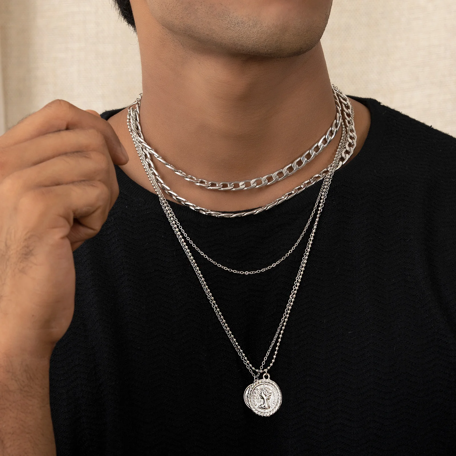 Chain Link Medallion Layered Silver Necklace - Image 5