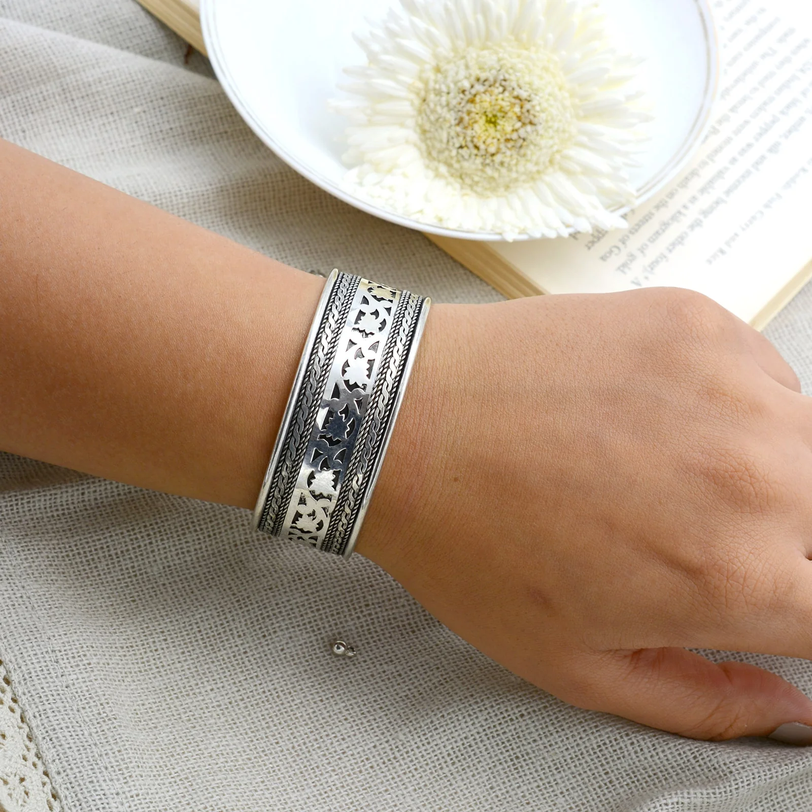 Chaya Floral Embossed Silver Oxidized Cuff - Image 2